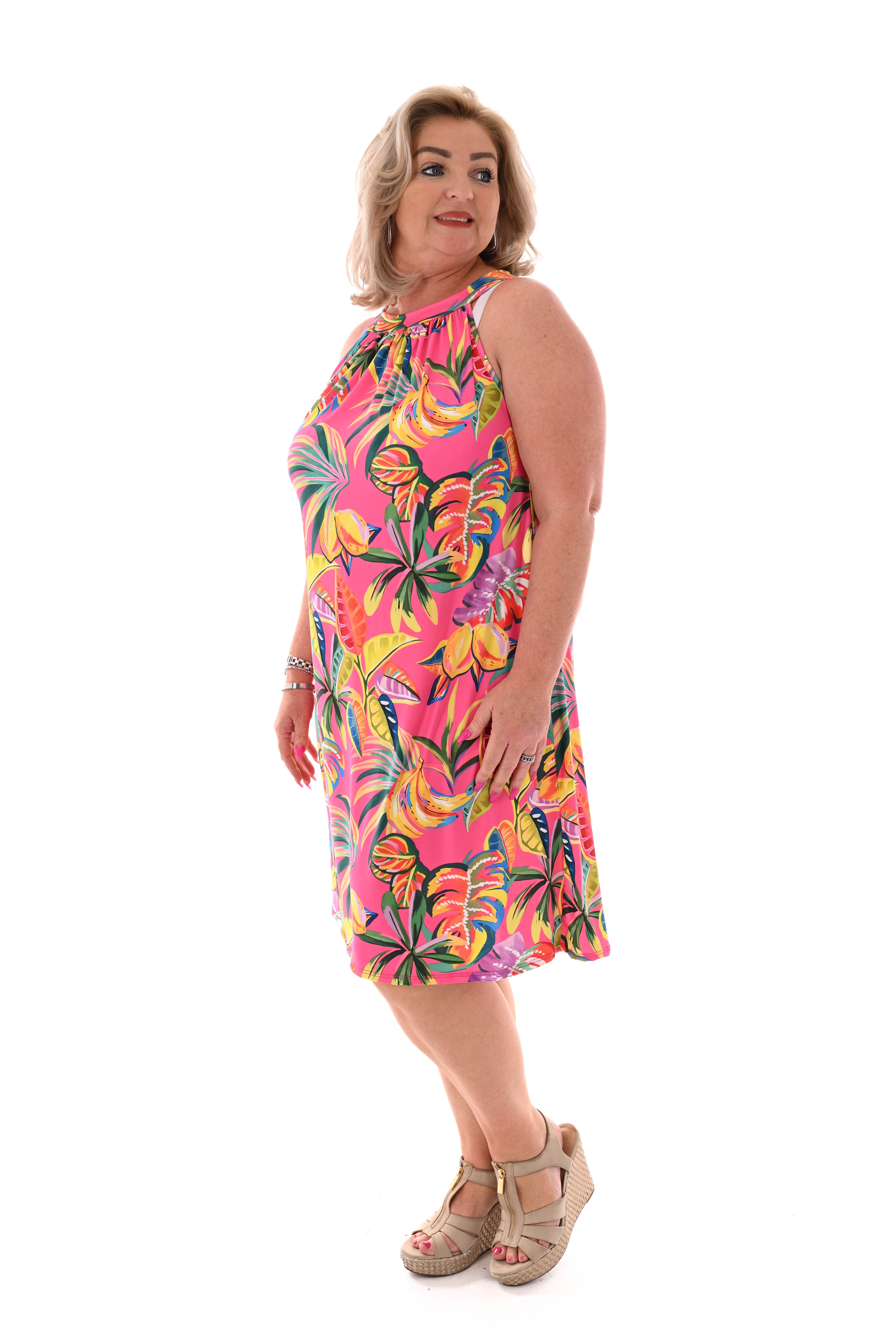 Halter jurk print blad roze