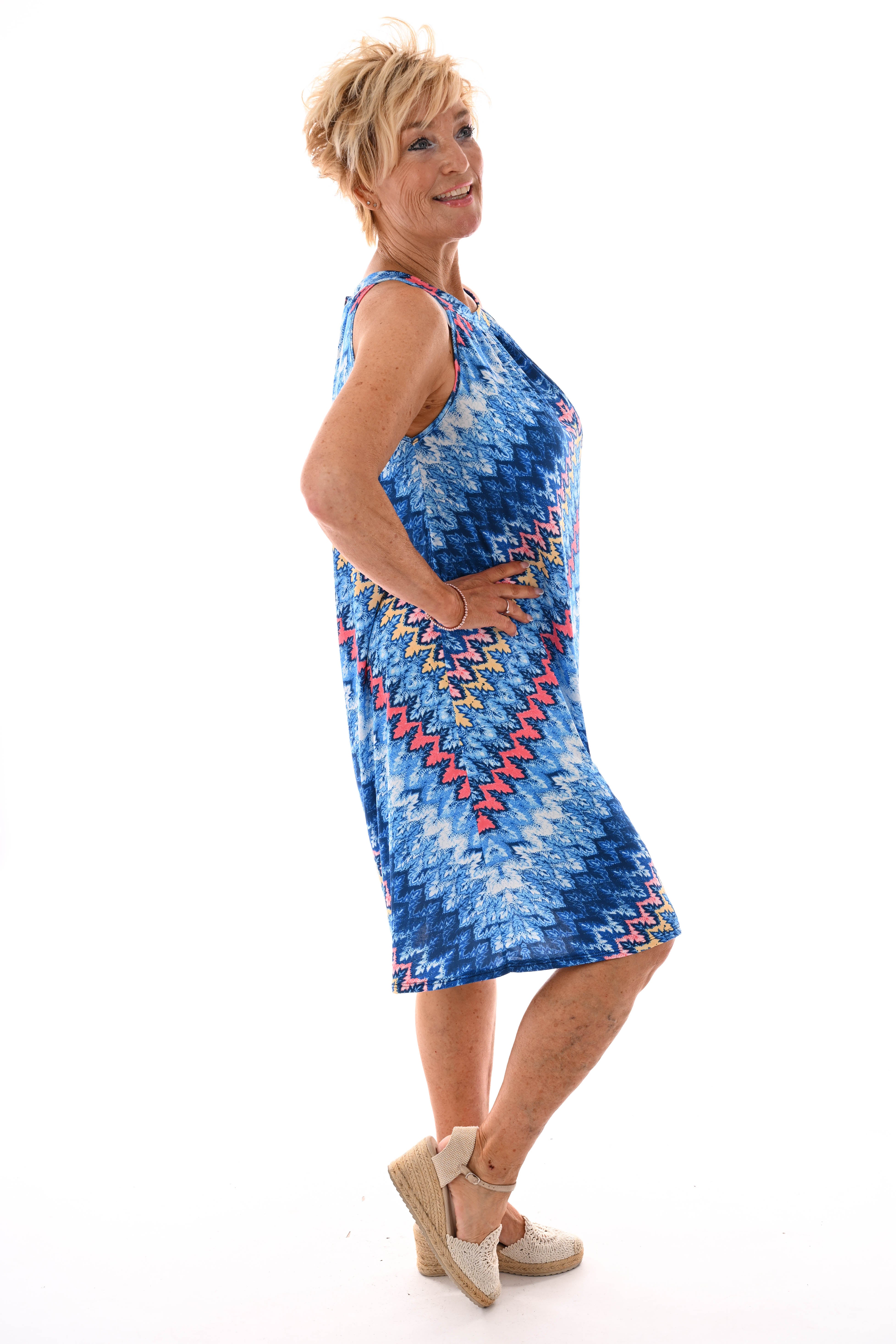 Halter jurk print blauw/koraal