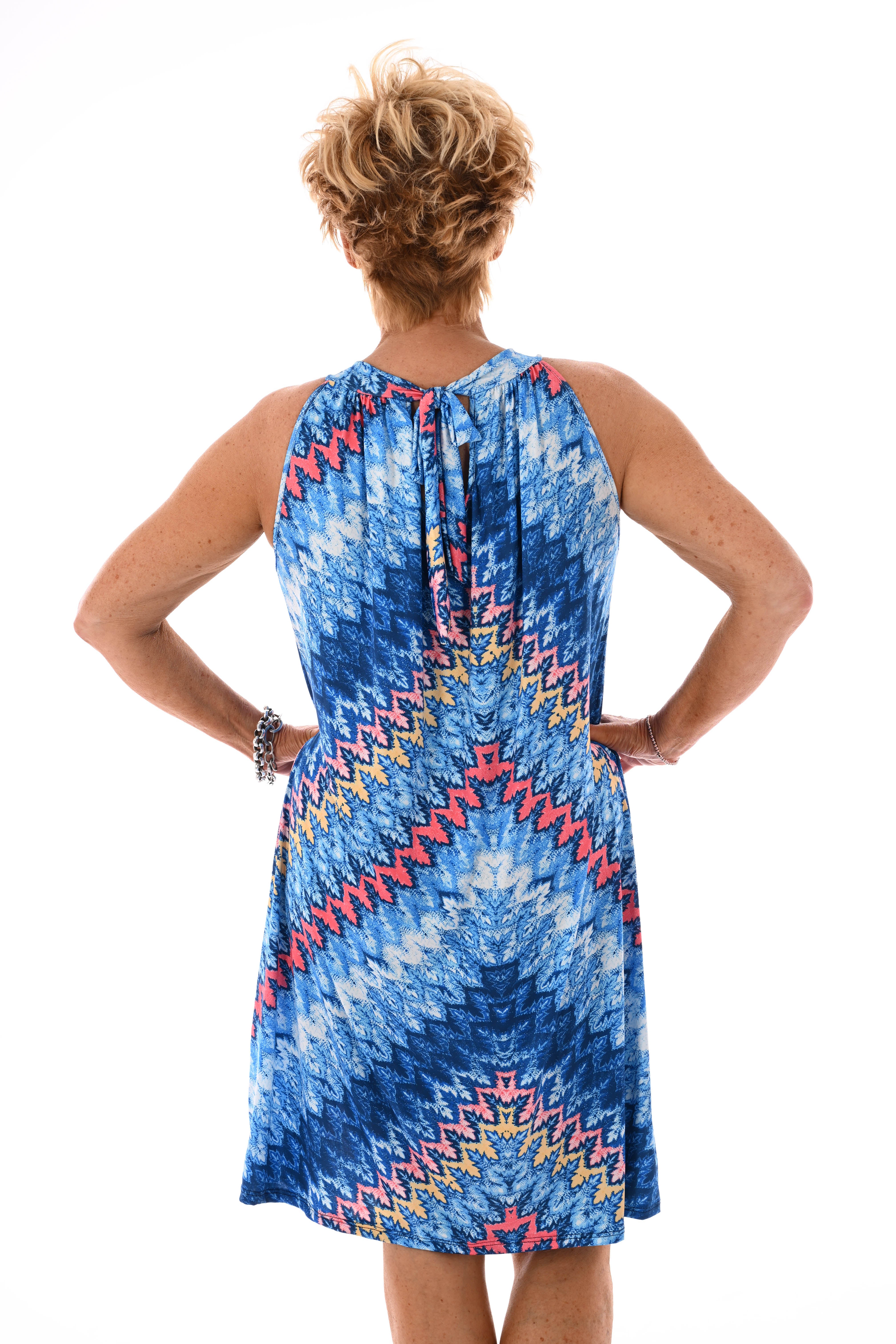 Halter jurk print blauw/koraal