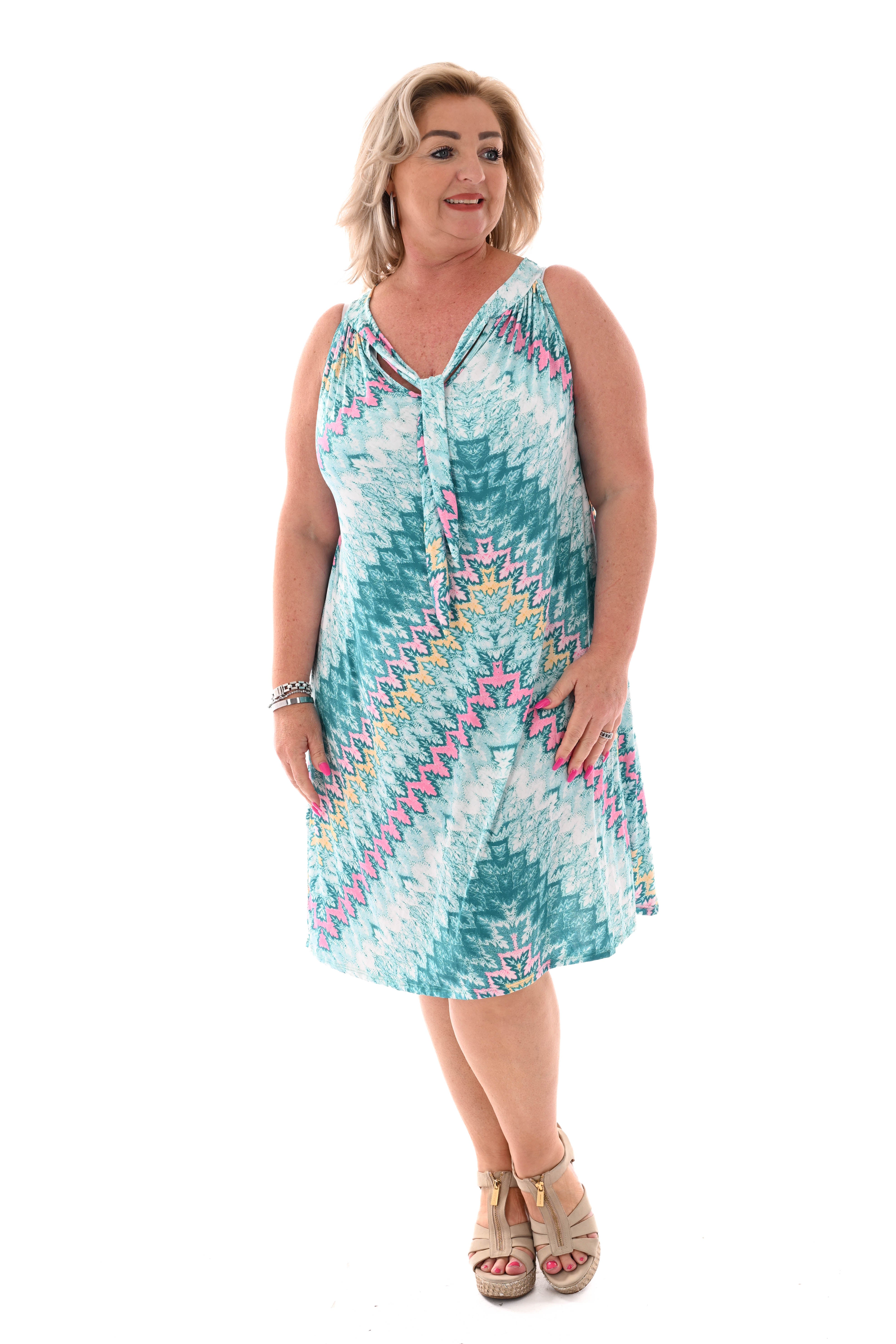 Halter jurk print turquoise/roze