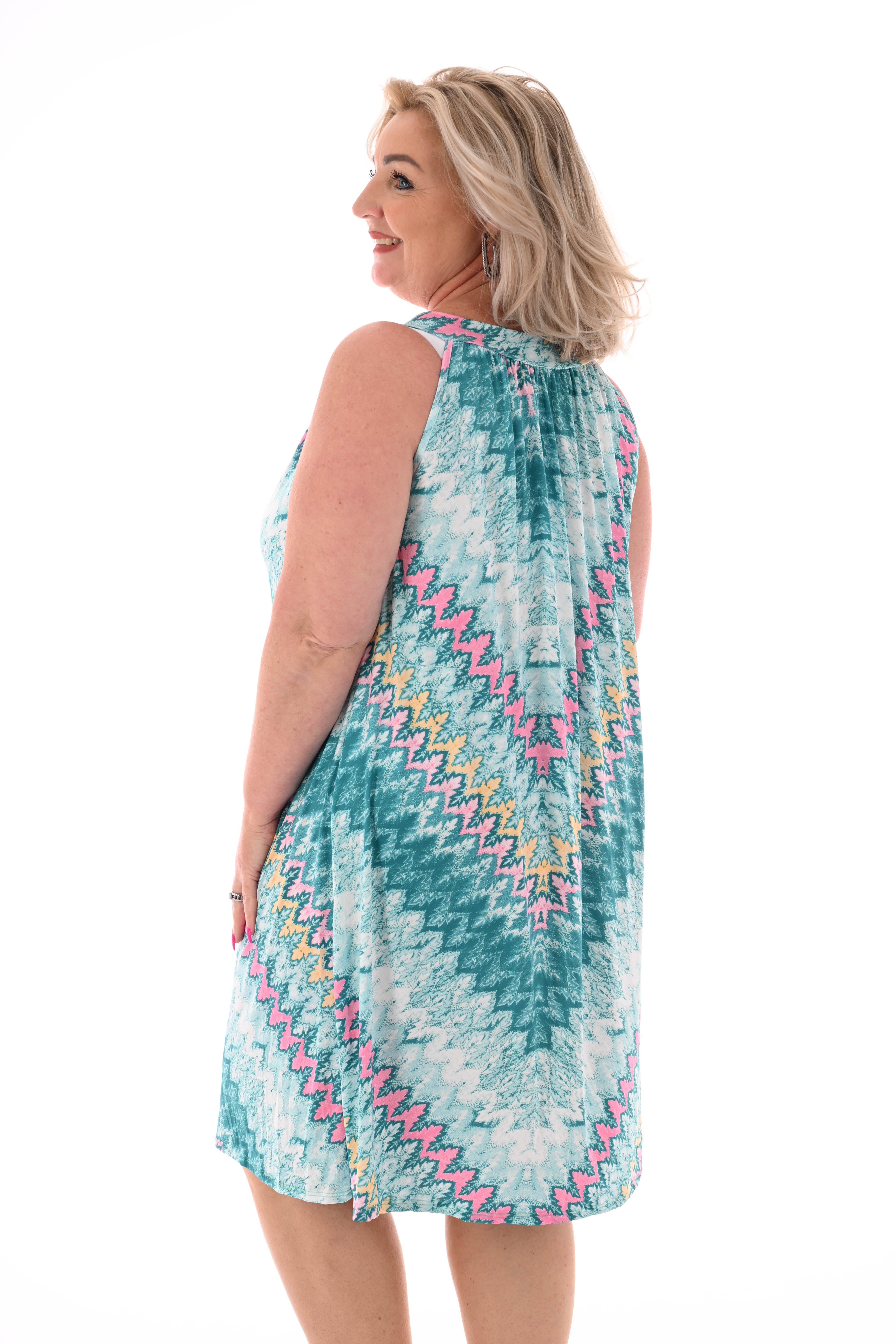 Halter jurk print turquoise/roze