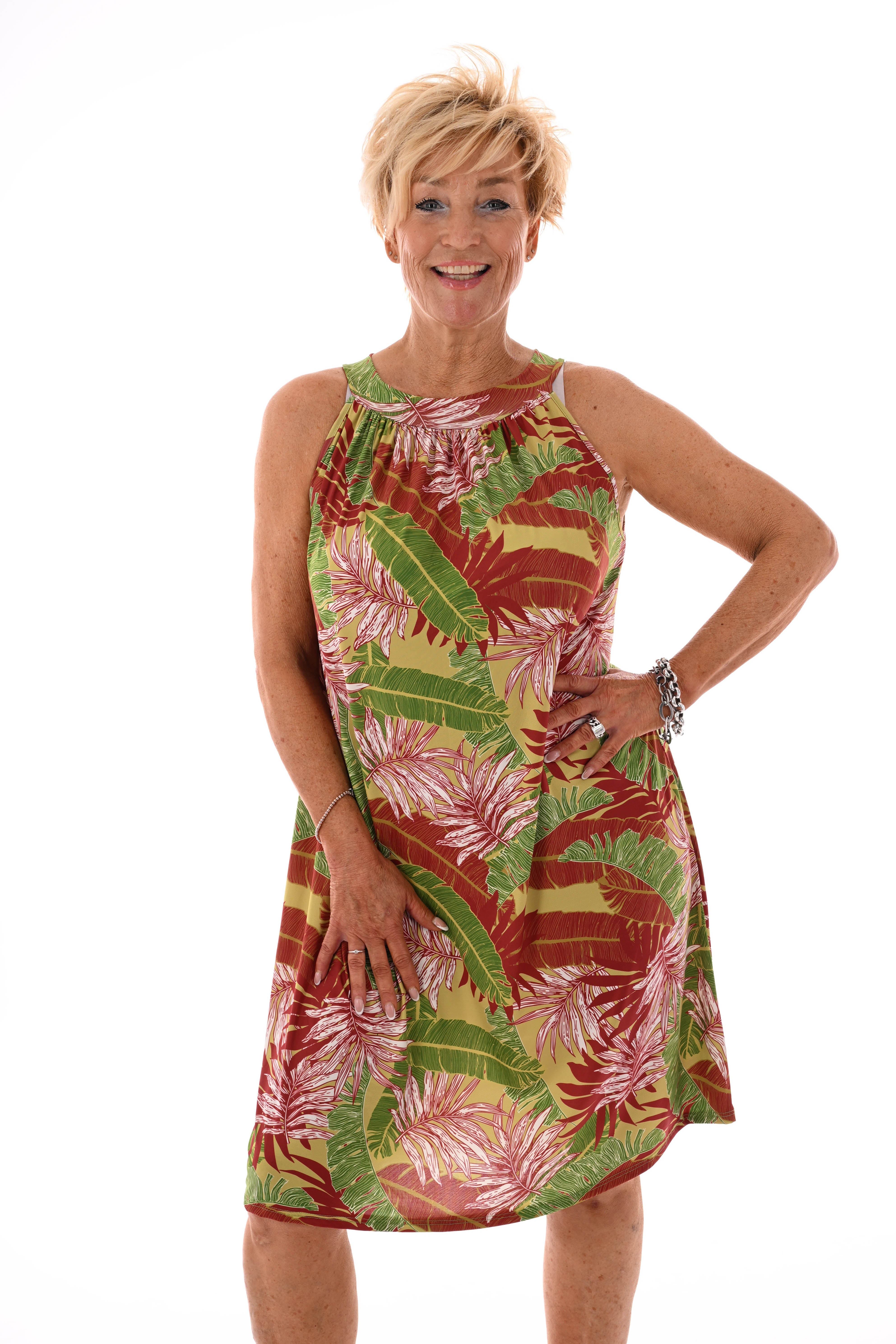 Halter jurk print bladeren lime