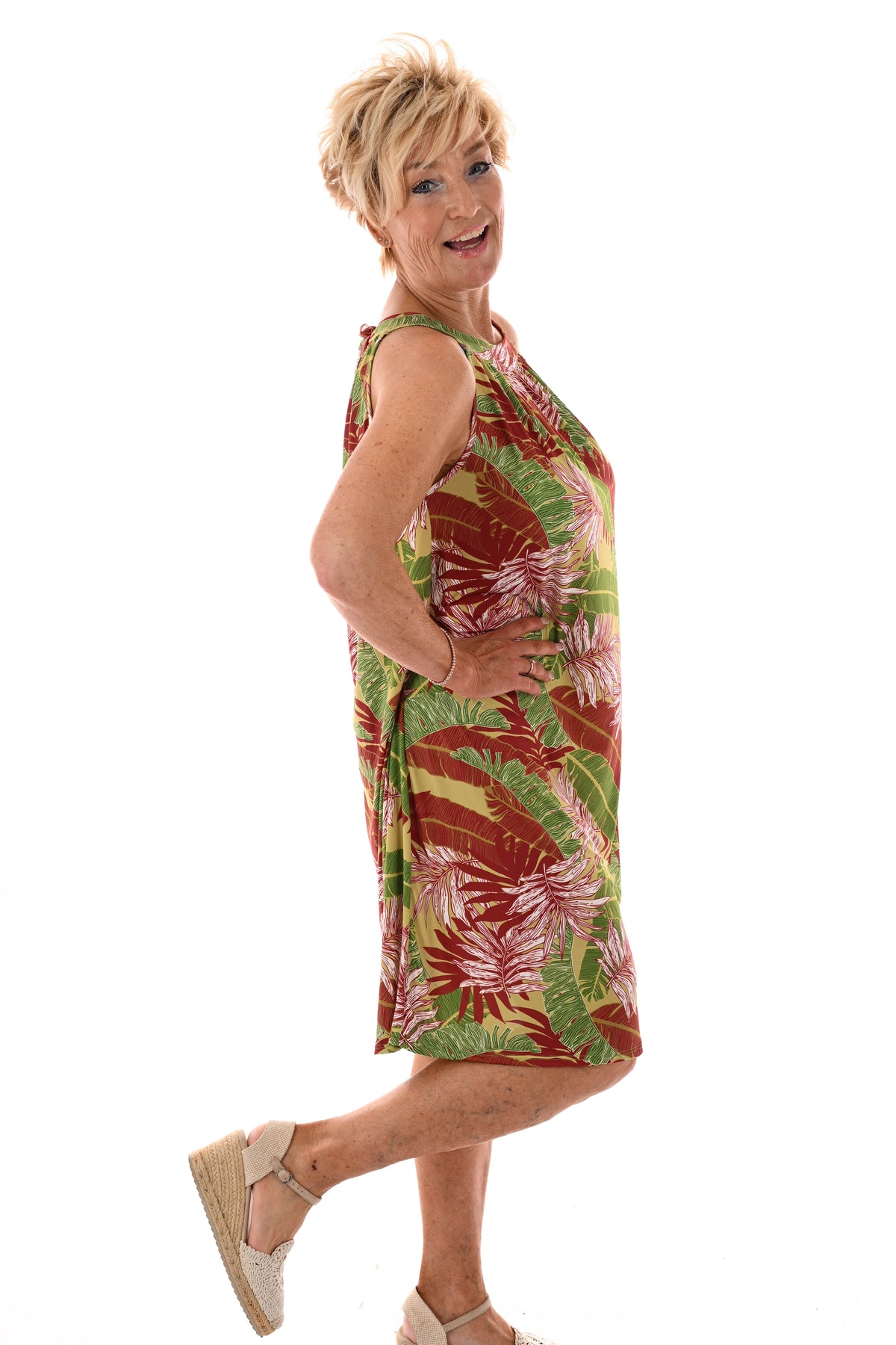 Halter jurk print bladeren lime