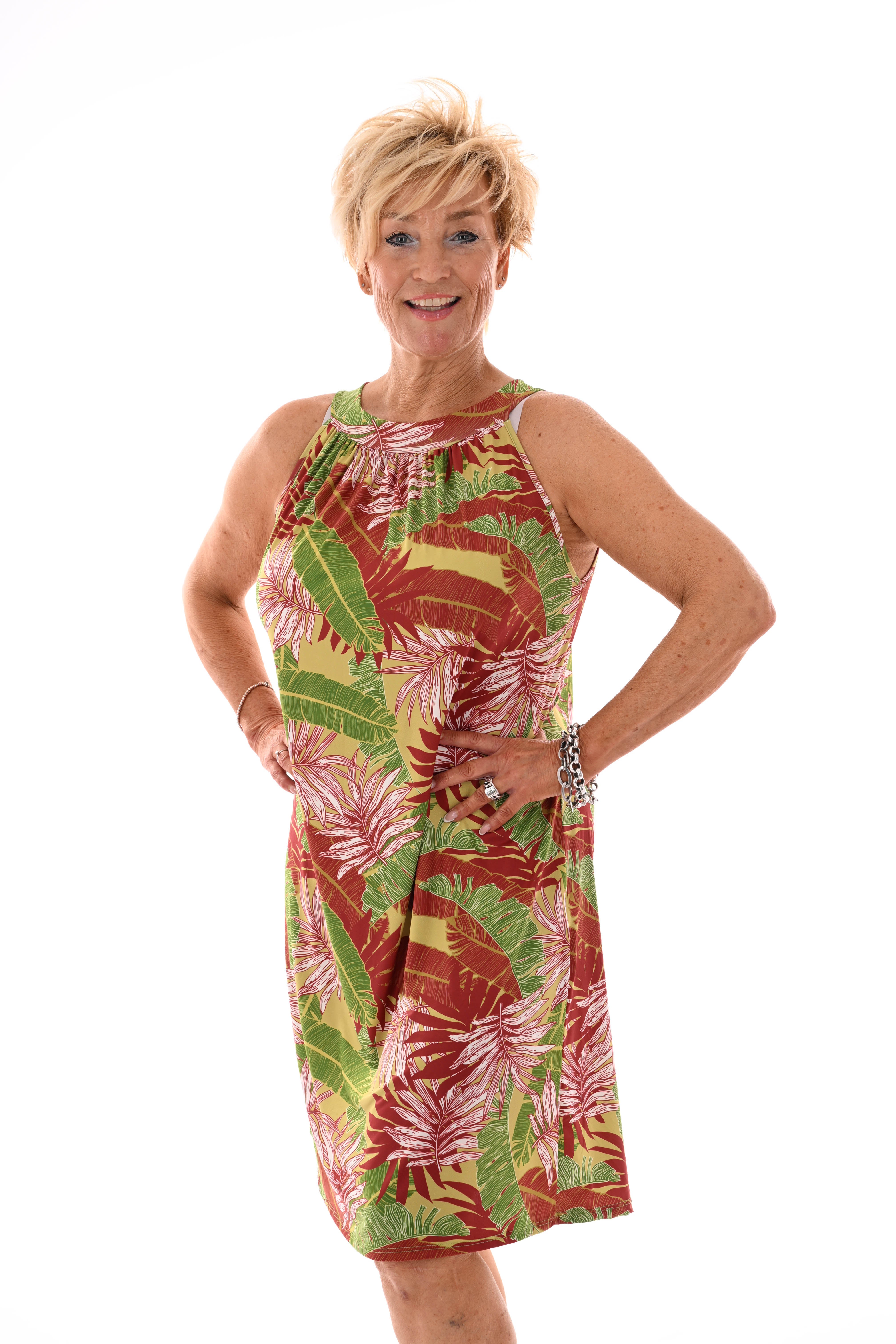 Halter jurk print bladeren lime