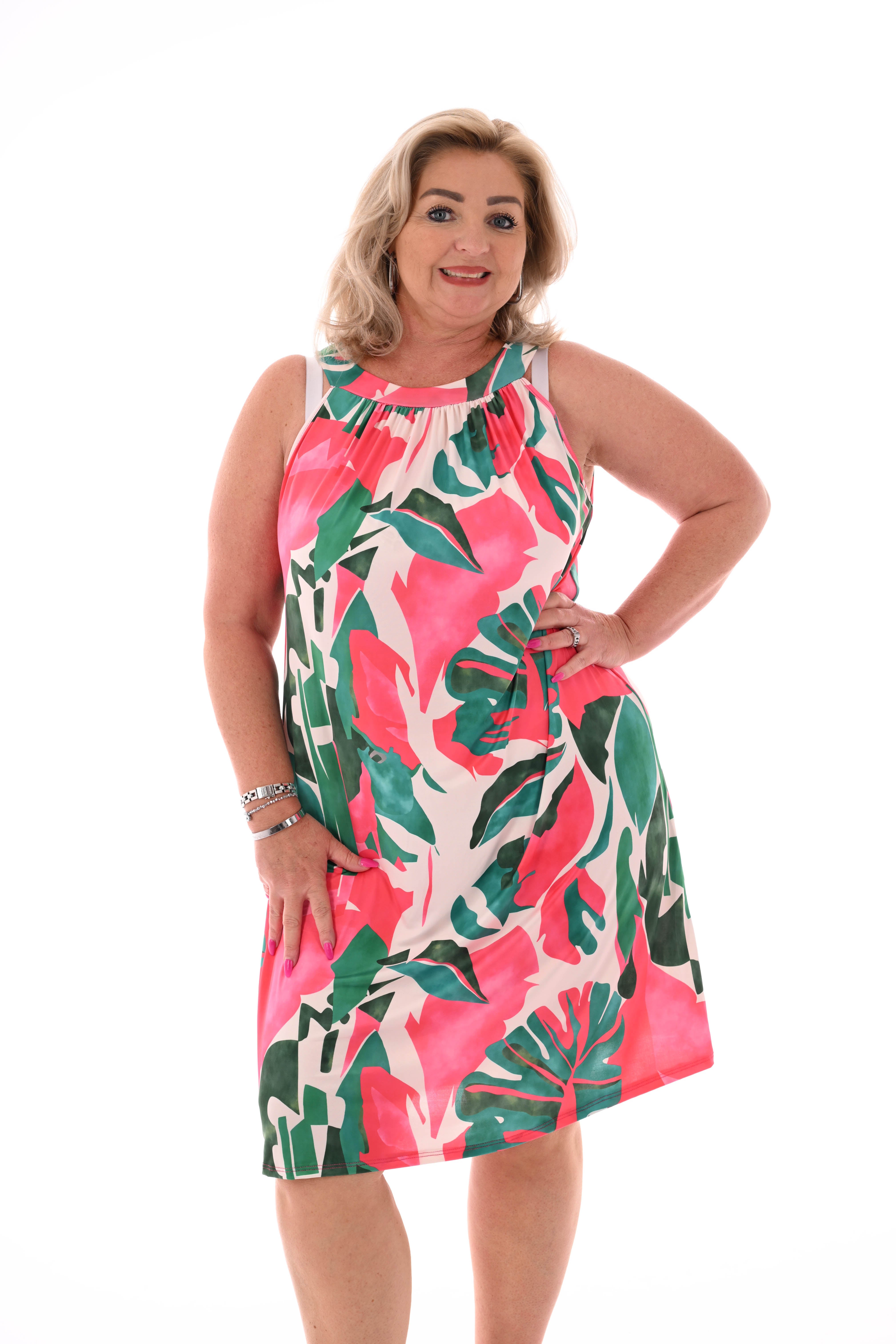 Halter jurk print blad fuchsia/groen