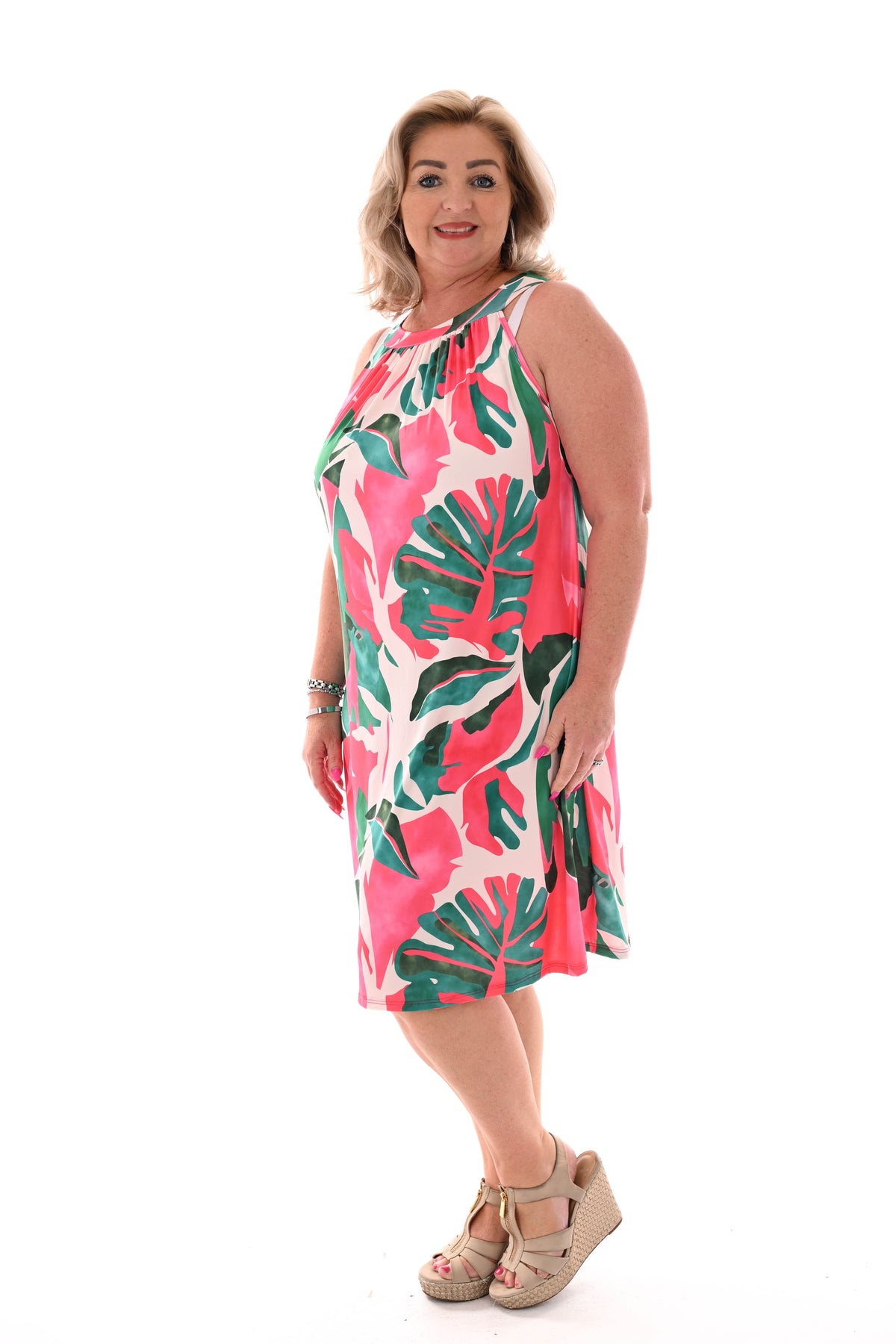 Halter jurk print blad fuchsia/groen
