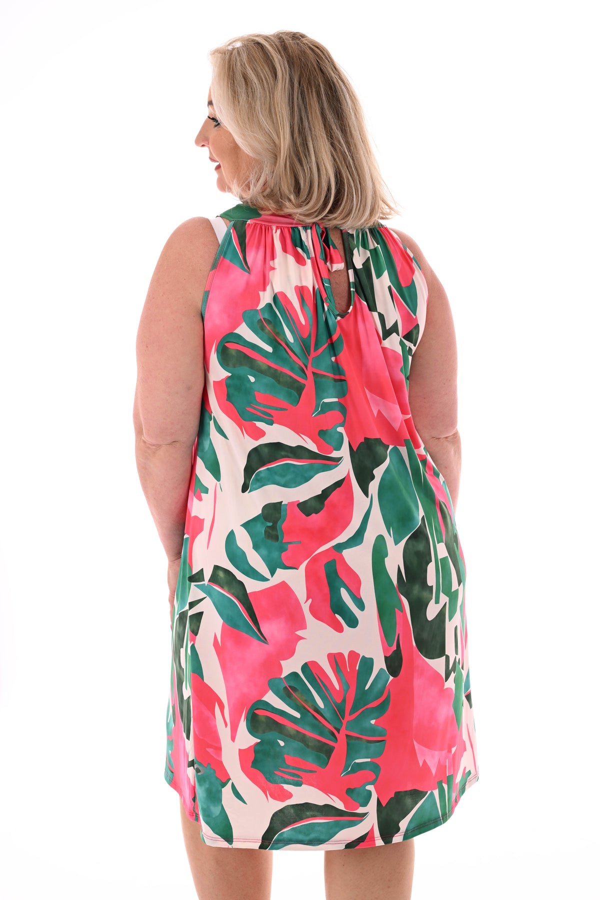 Halter jurk print blad fuchsia/groen
