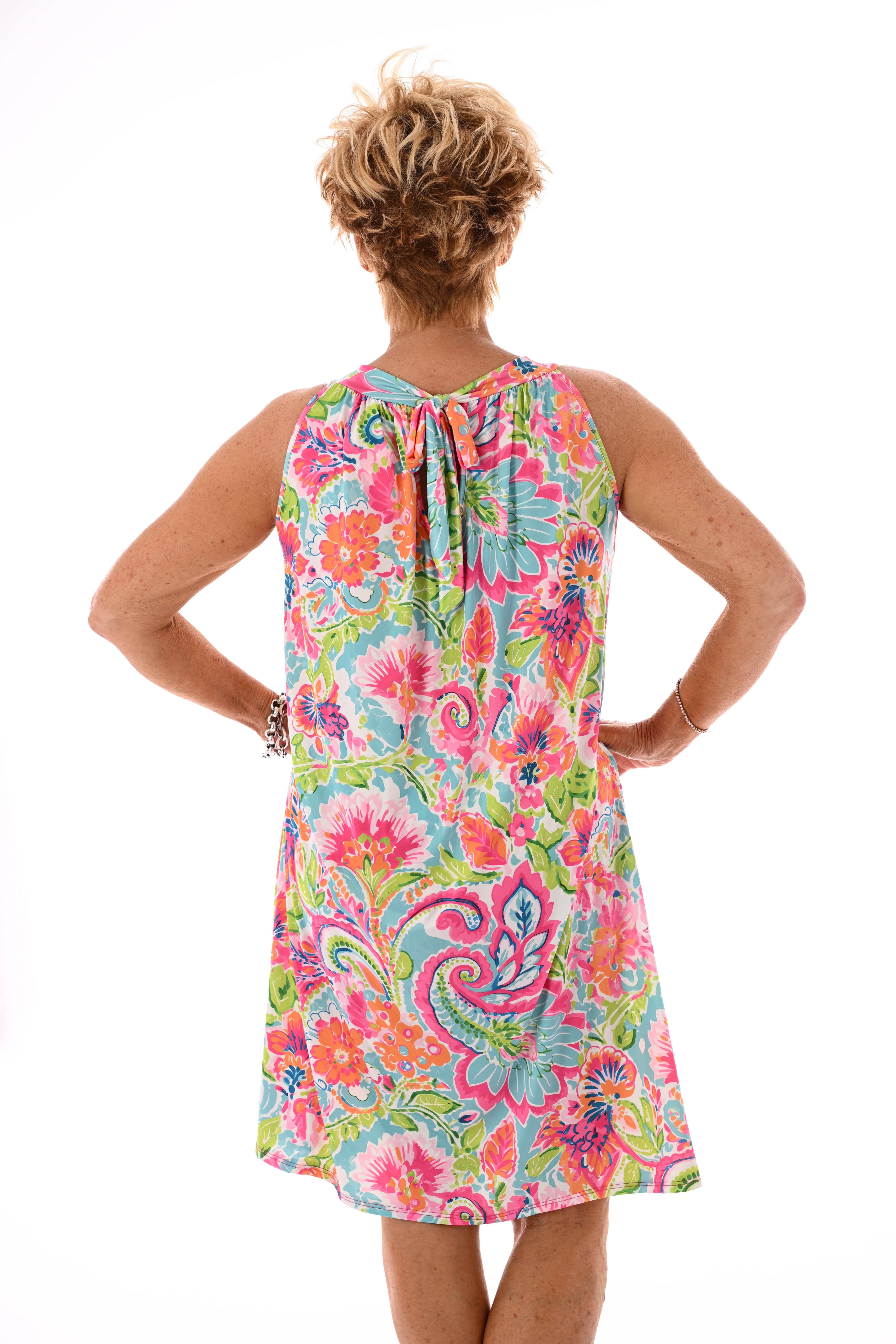 Halter jurk print fuchsia/groen