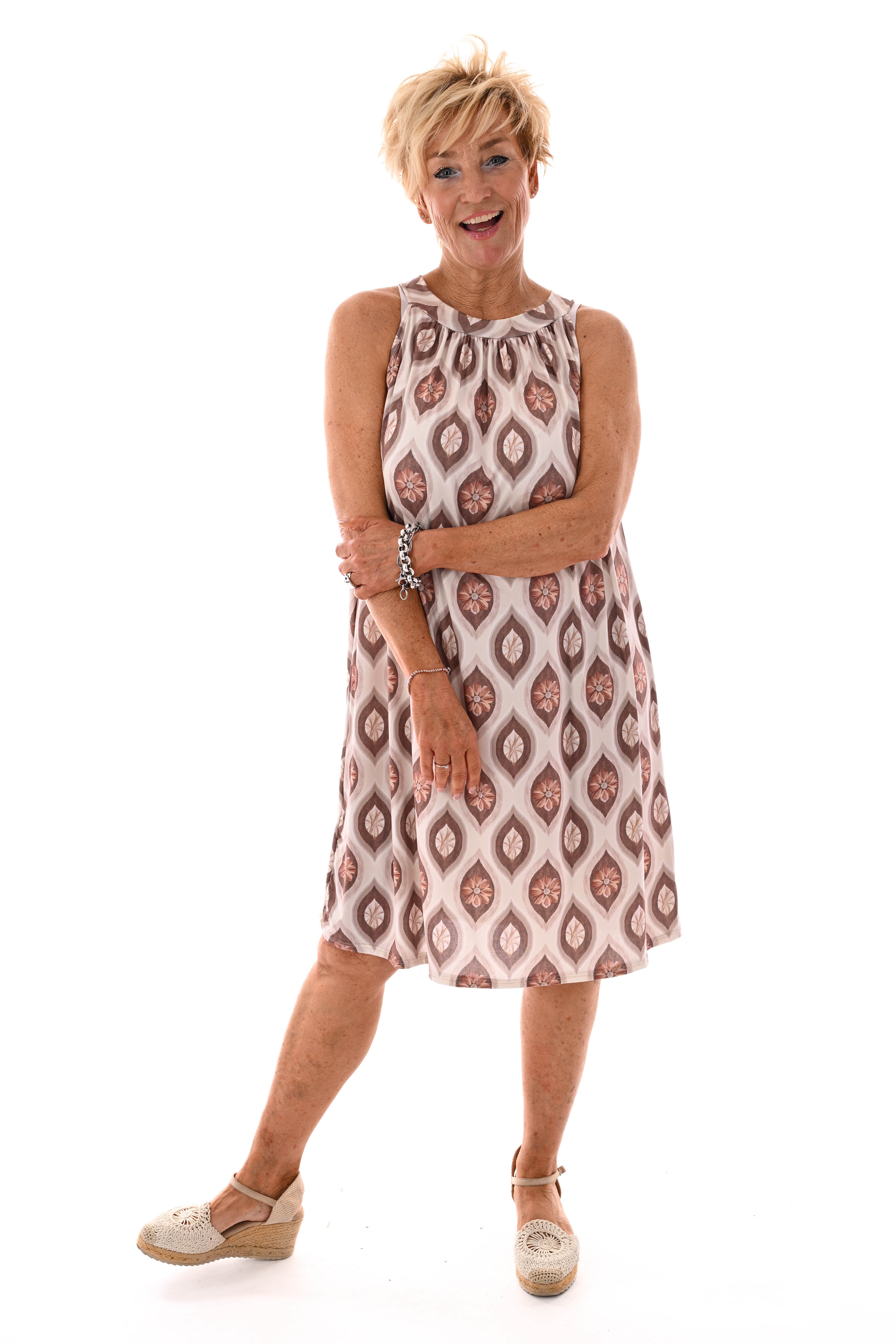 Halter jurk print bloemen beige/taupe