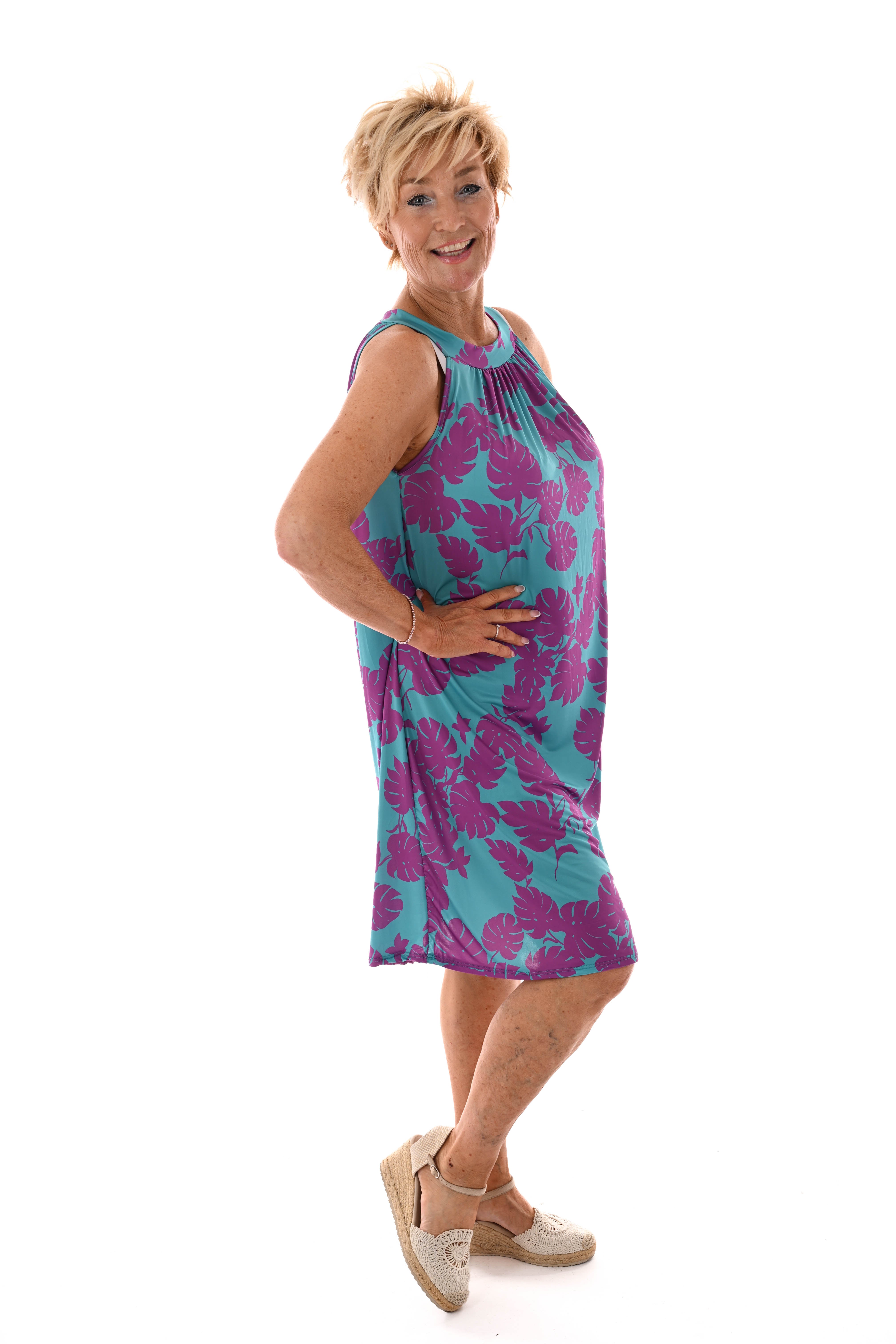 Halter jurk print blad turquoise/paars