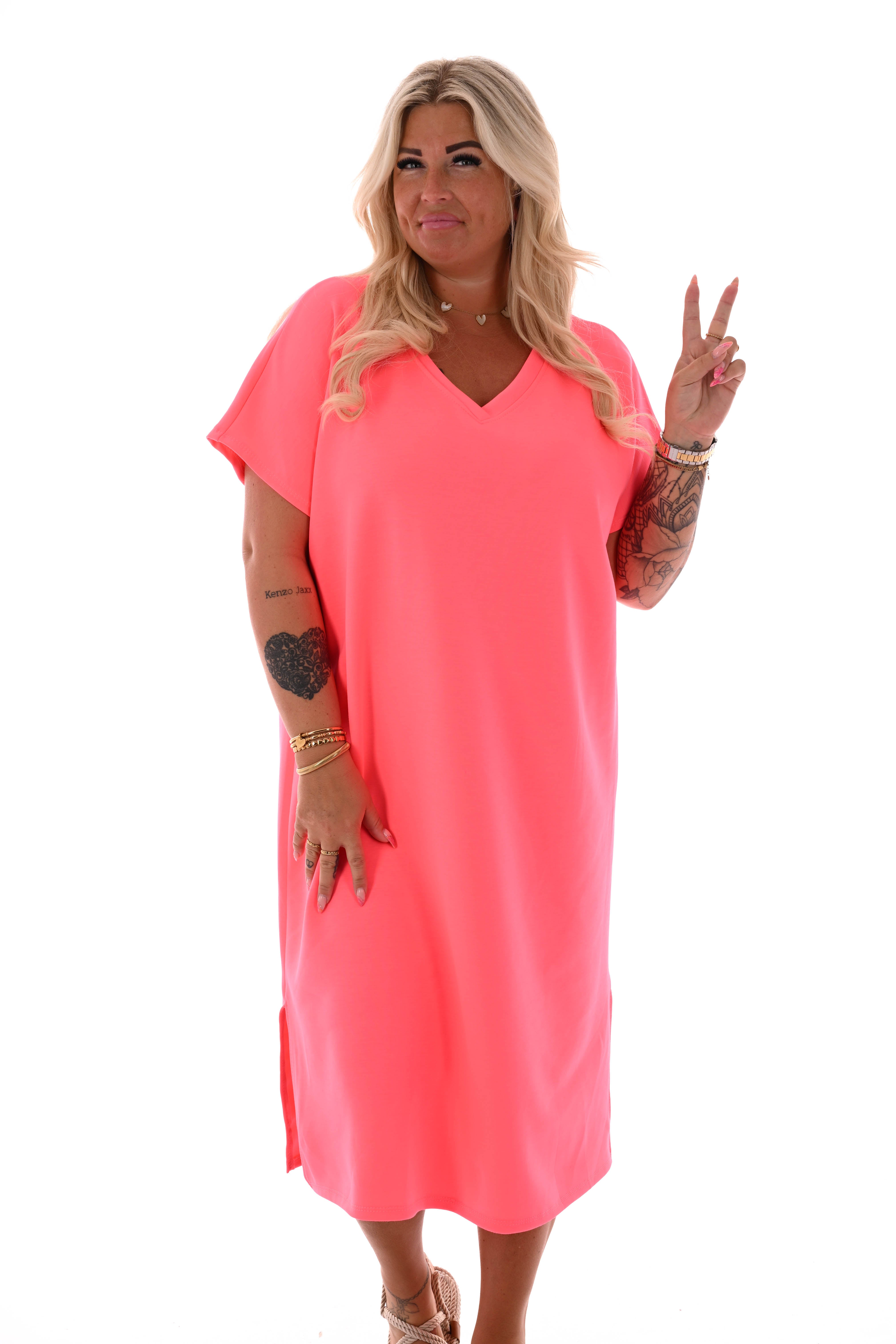 Sweaterdress v-hals kapmouwen uni neonroze