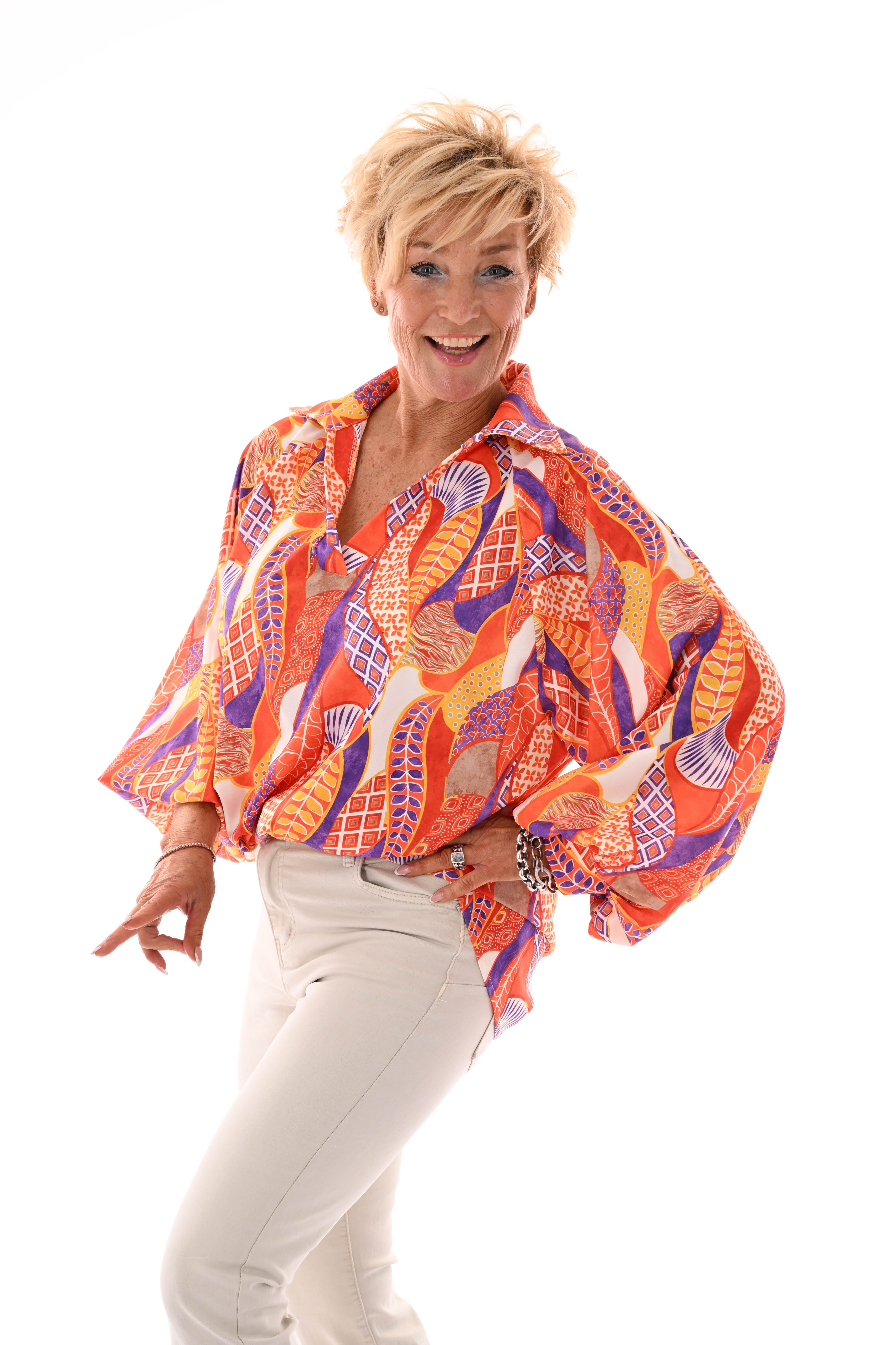 Blouse v-hals mixed print oranje