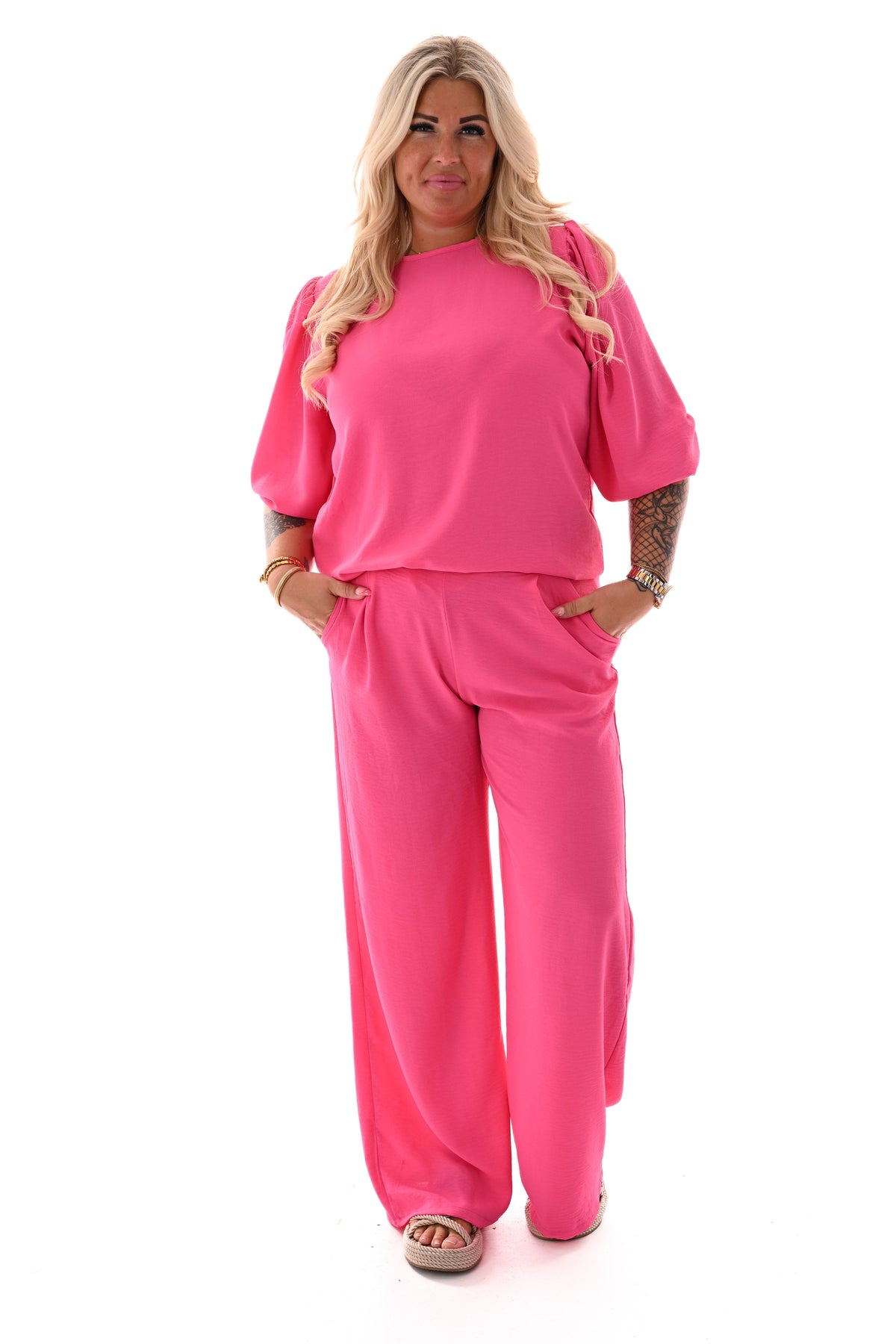 Tweedelig pak 3/4e pofmouwen uni fuchsia