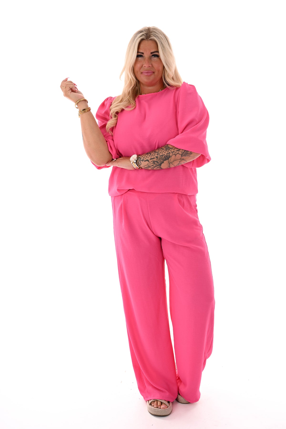 Tweedelig pak 3/4e pofmouwen uni fuchsia