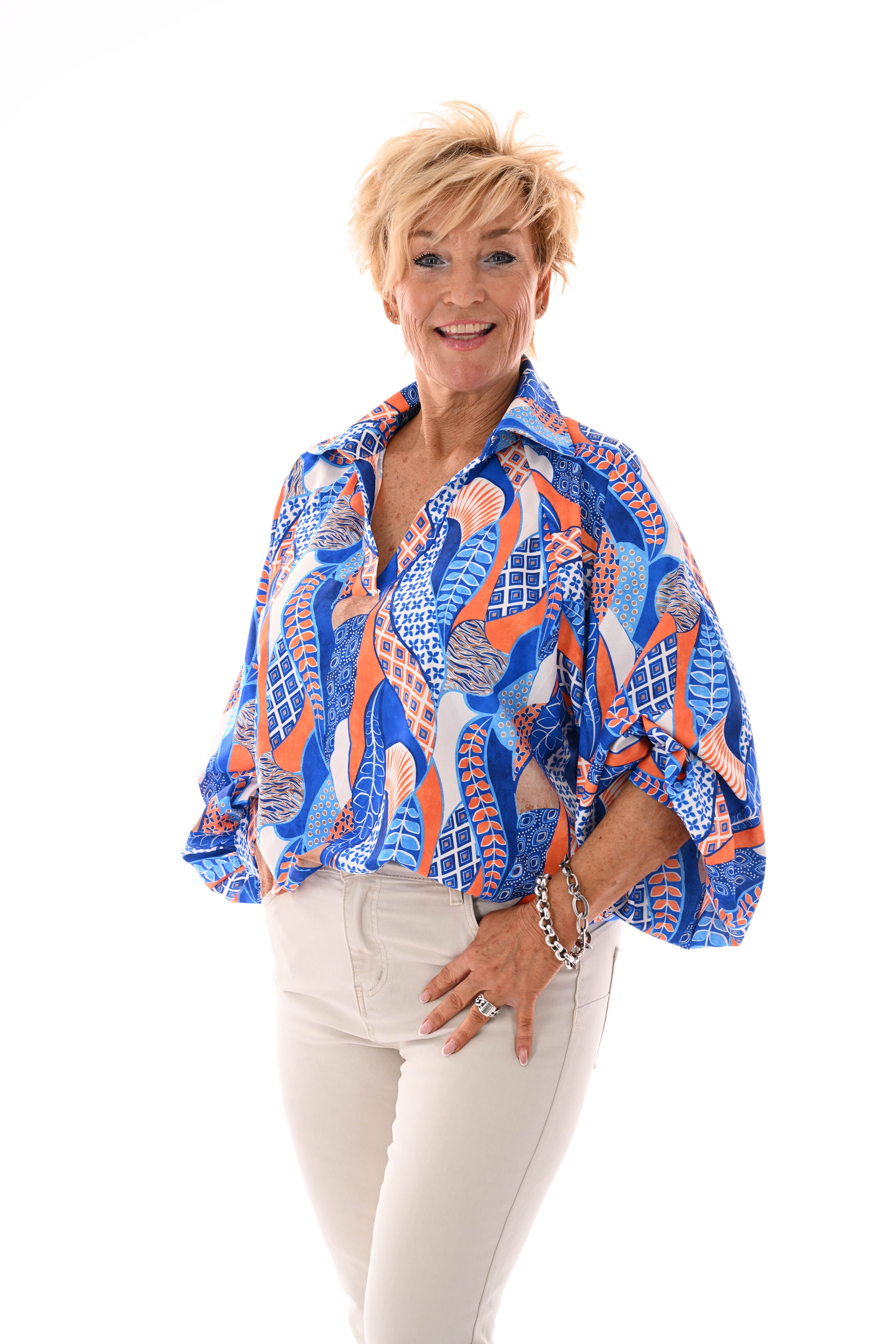 Blouse v-hals mixed print kobalt