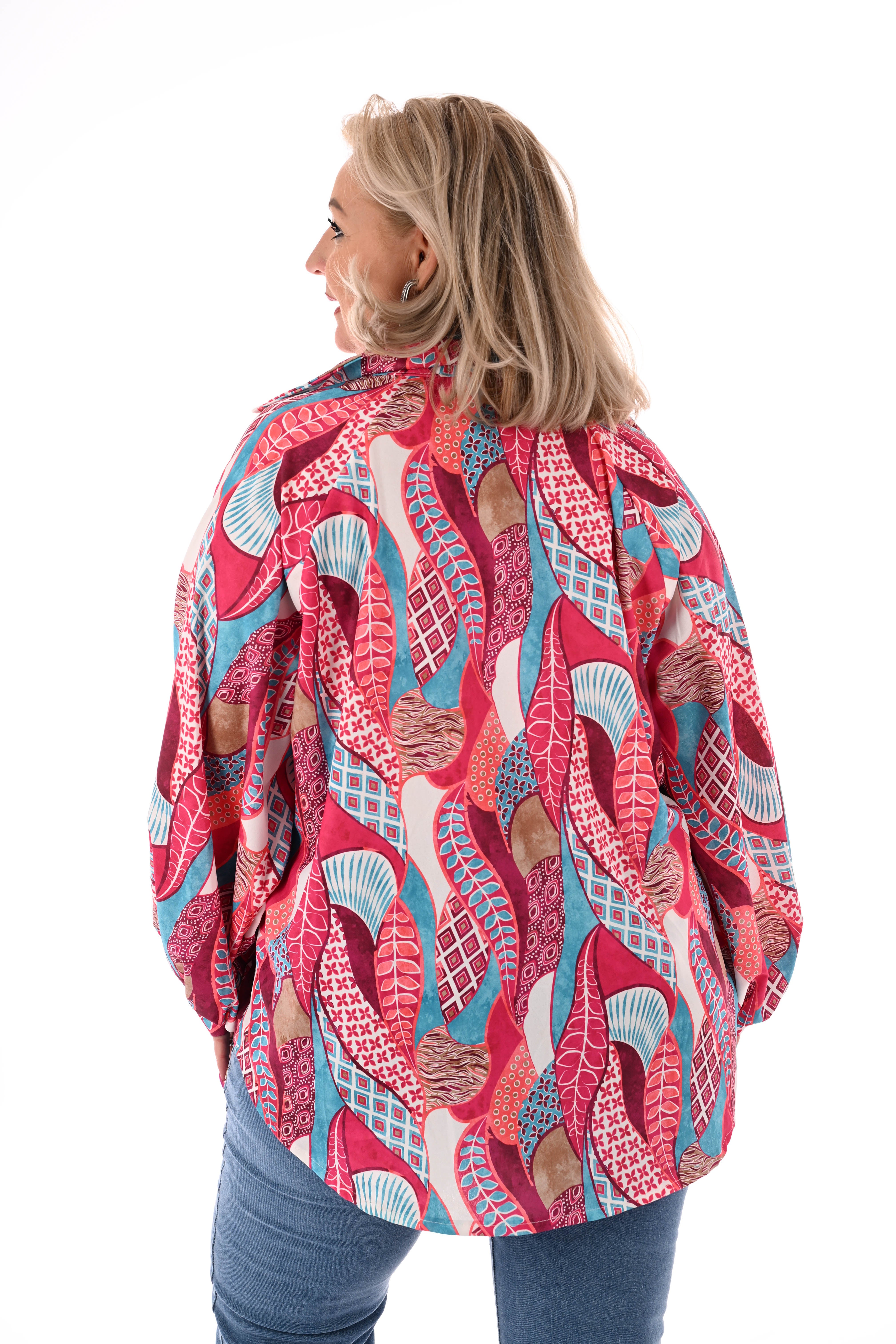 Blouse v-hals mixed print fuchsia