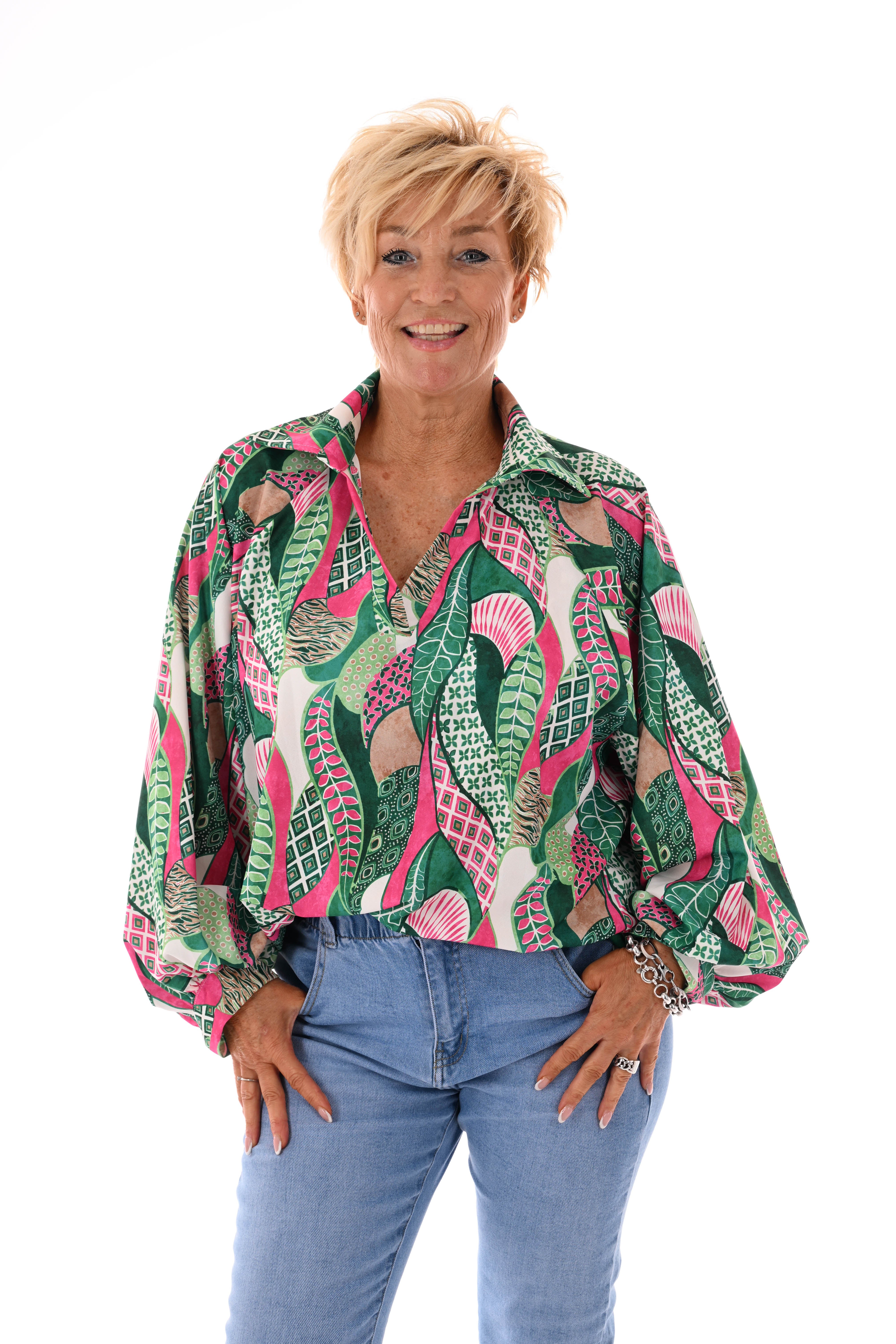 Blouse v-hals mixed print groen