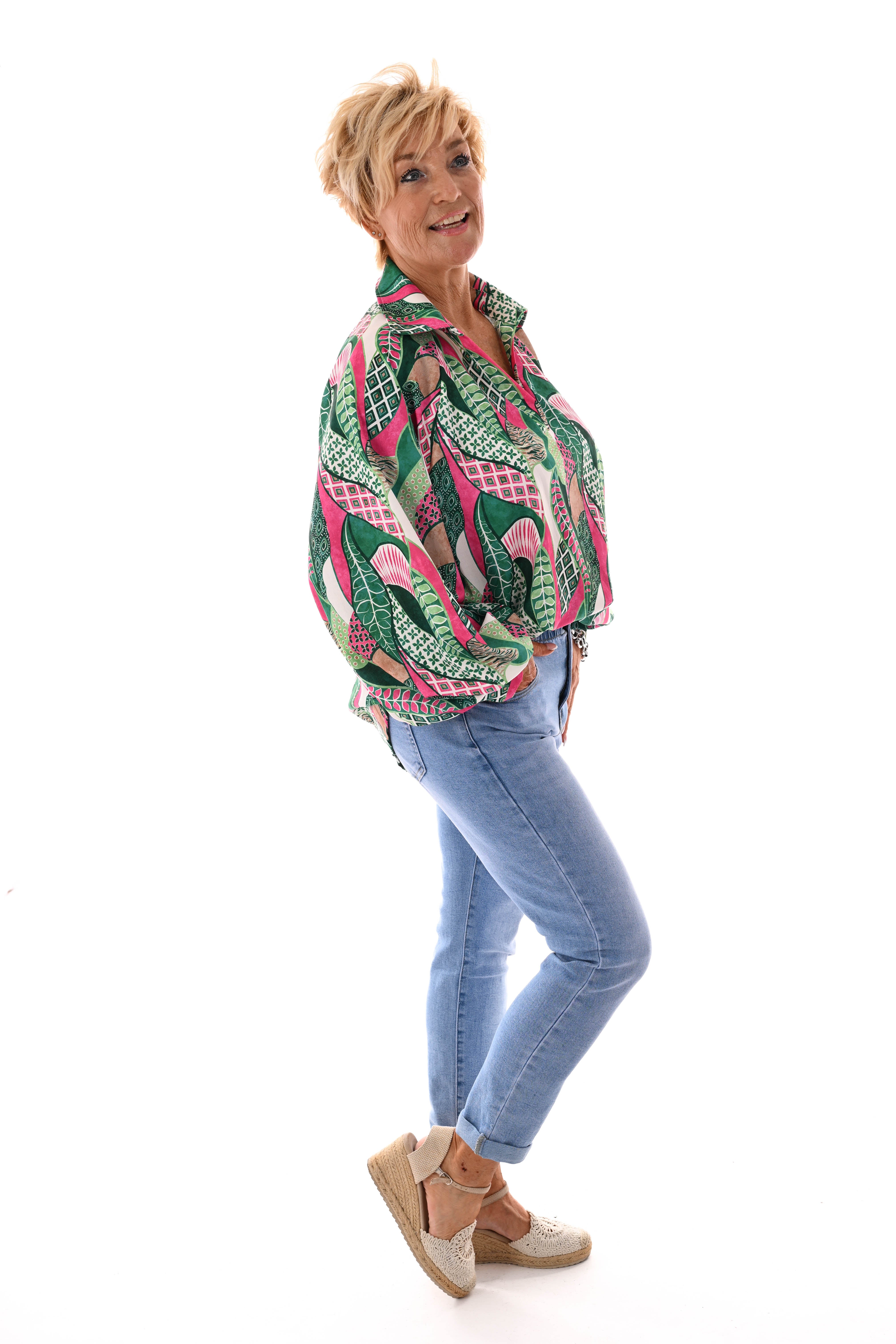 Blouse v-hals mixed print groen