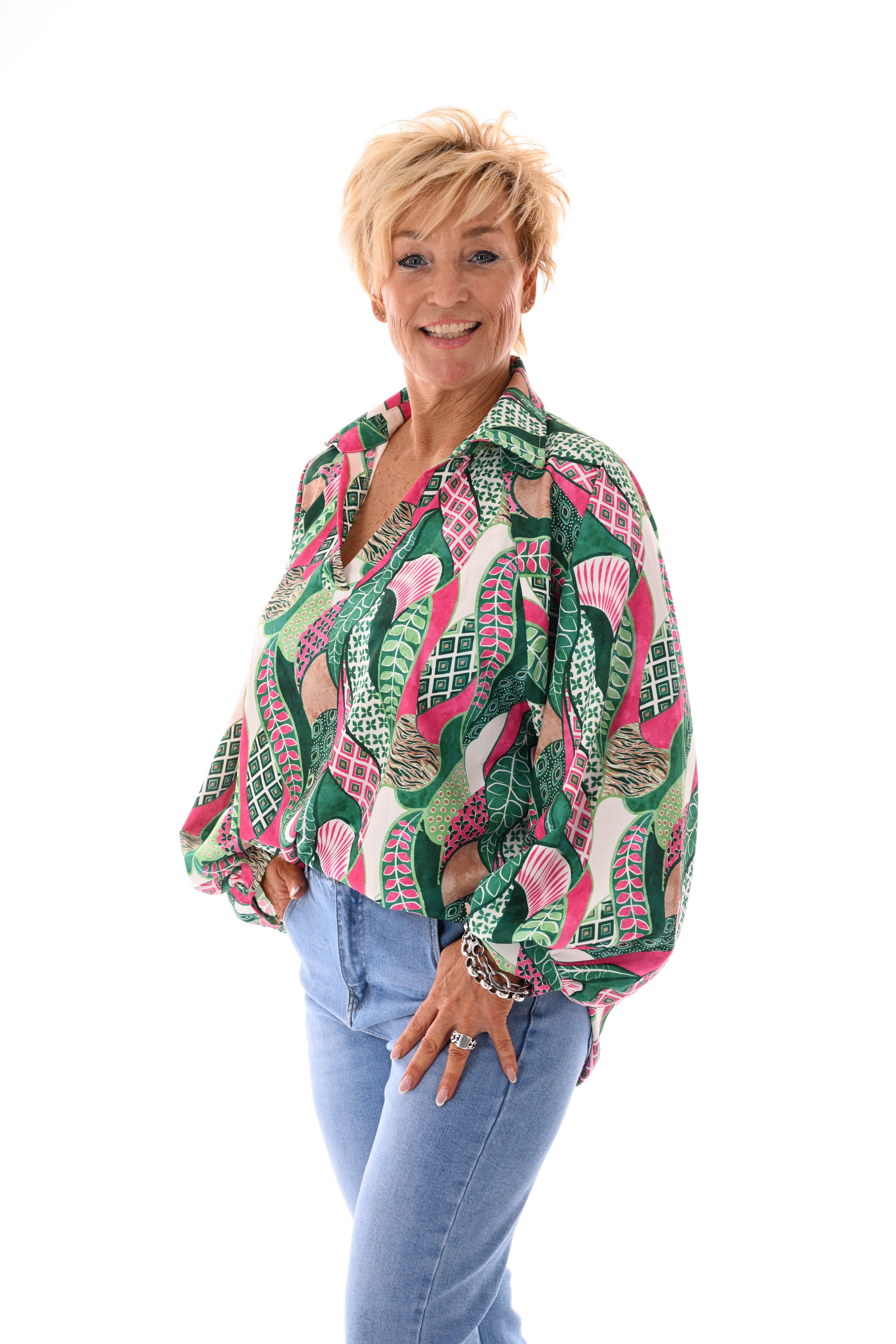 Blouse v-hals mixed print groen