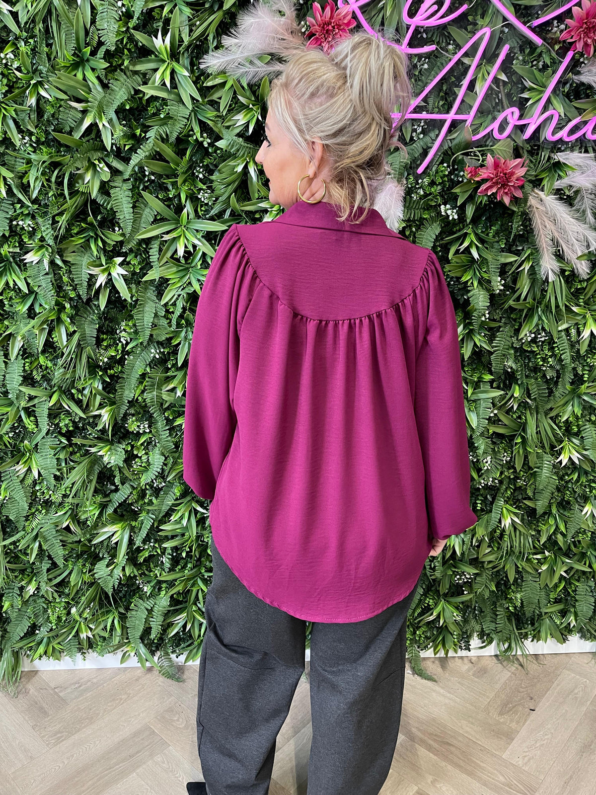 Blouse geplooid halsdetail uni cyclaam