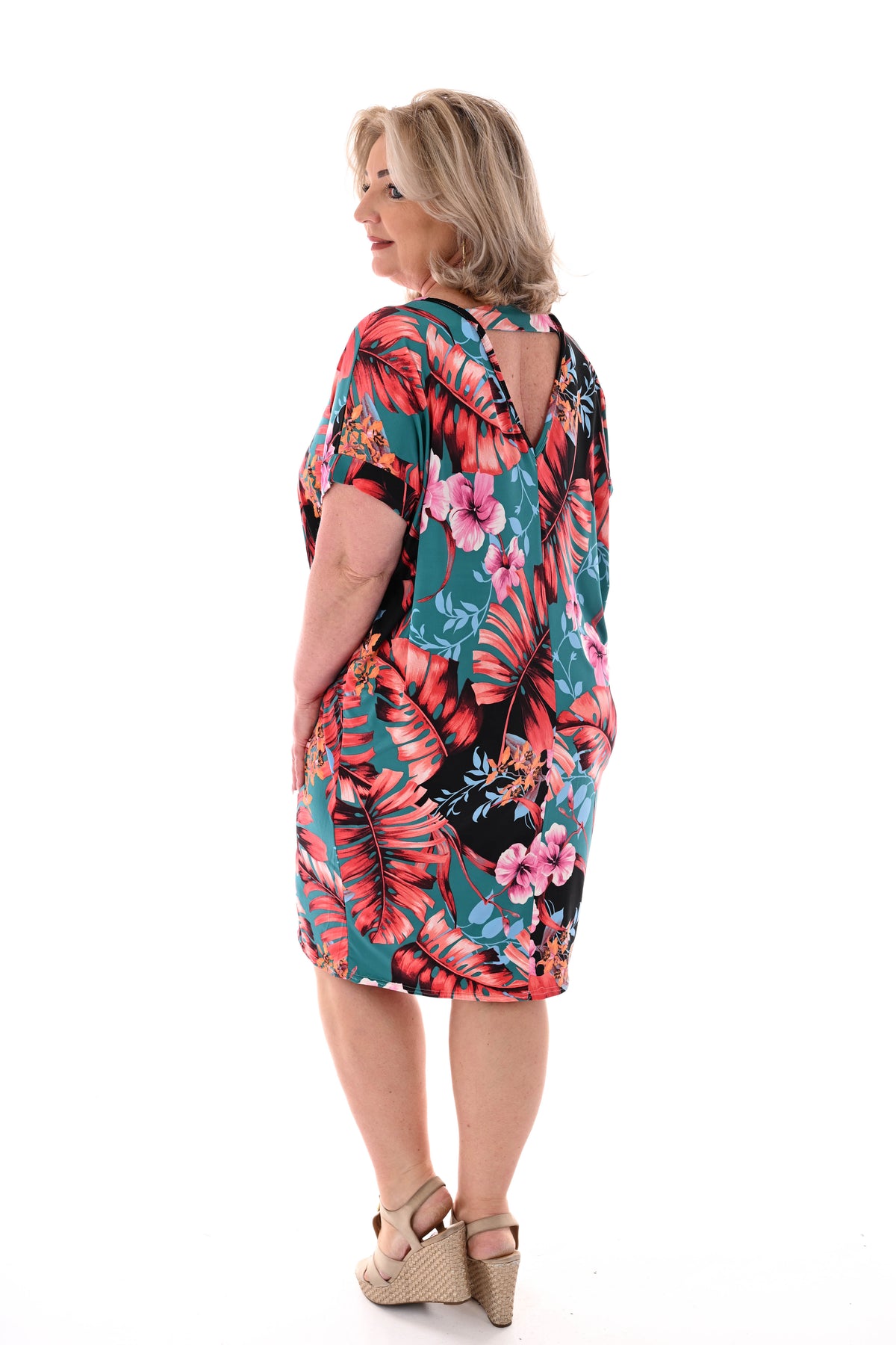 Tuniek v-rug print bladeren turquoise