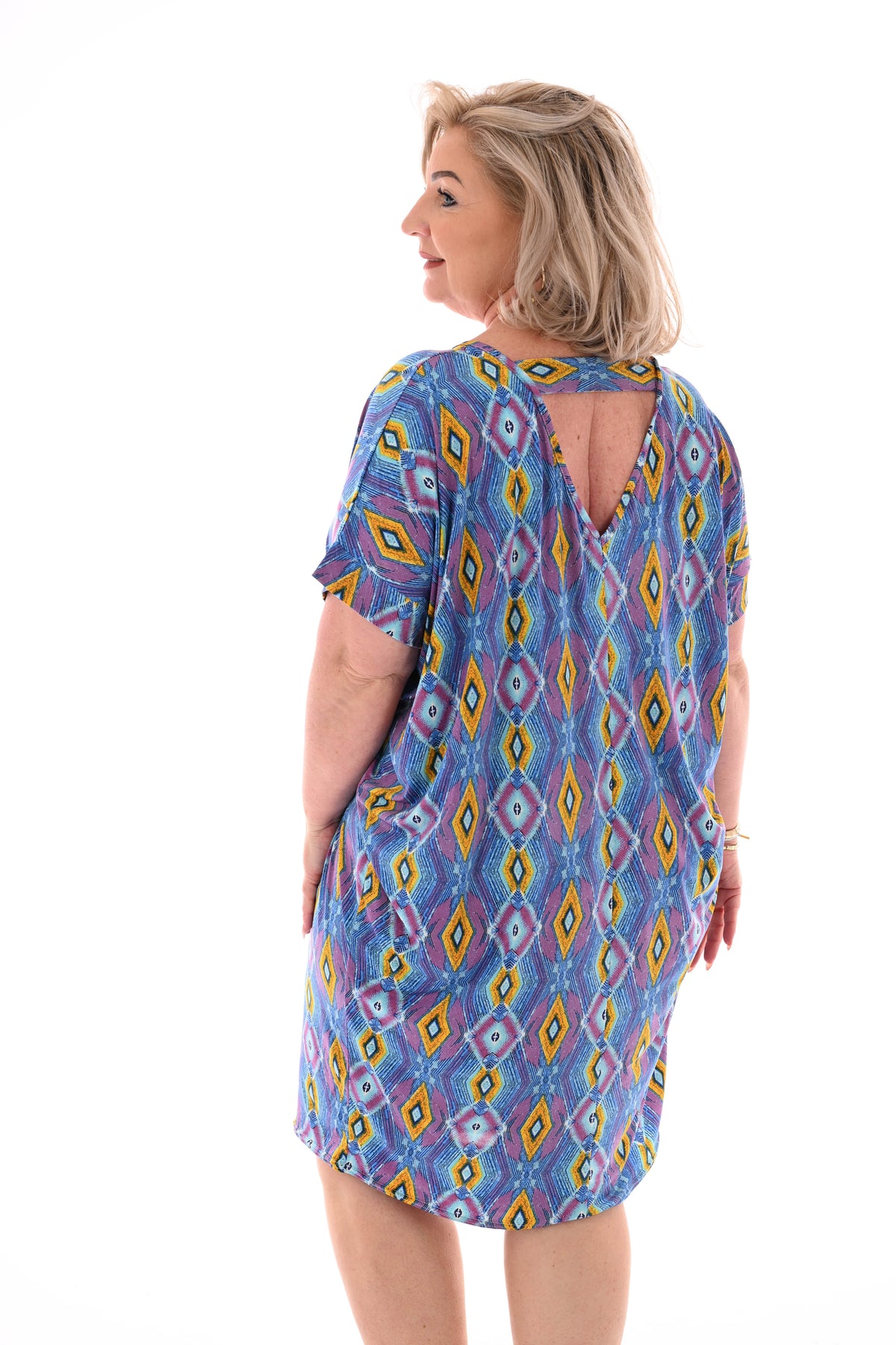 Tuniek v-rug print abstract violet/lichtblauw
