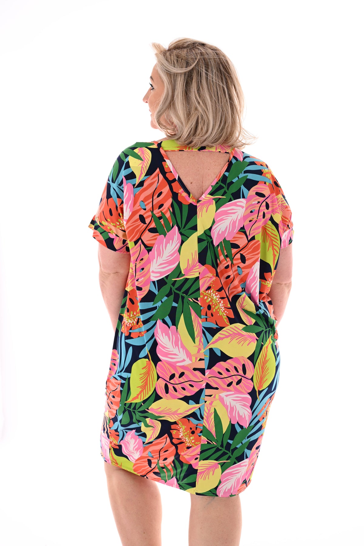 Tuniek v-rug print bladeren marineblauw/roze