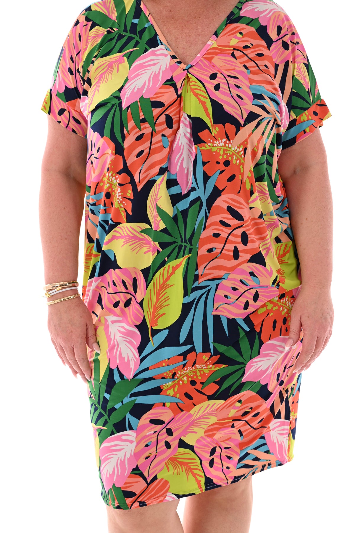 Tuniek v-rug print bladeren marineblauw/roze