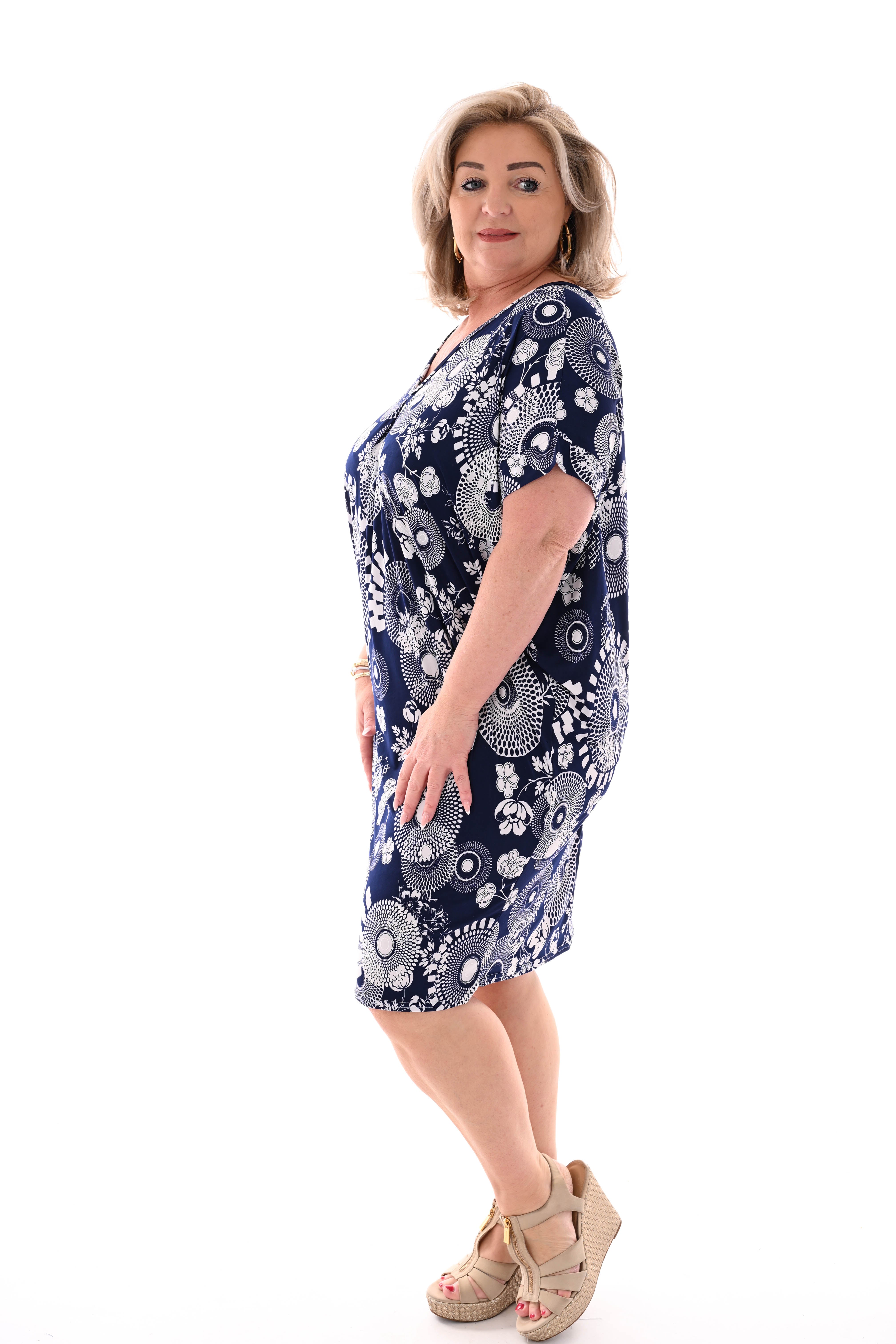 Tuniek v-rug print cirkels/bloemen donkerblauw