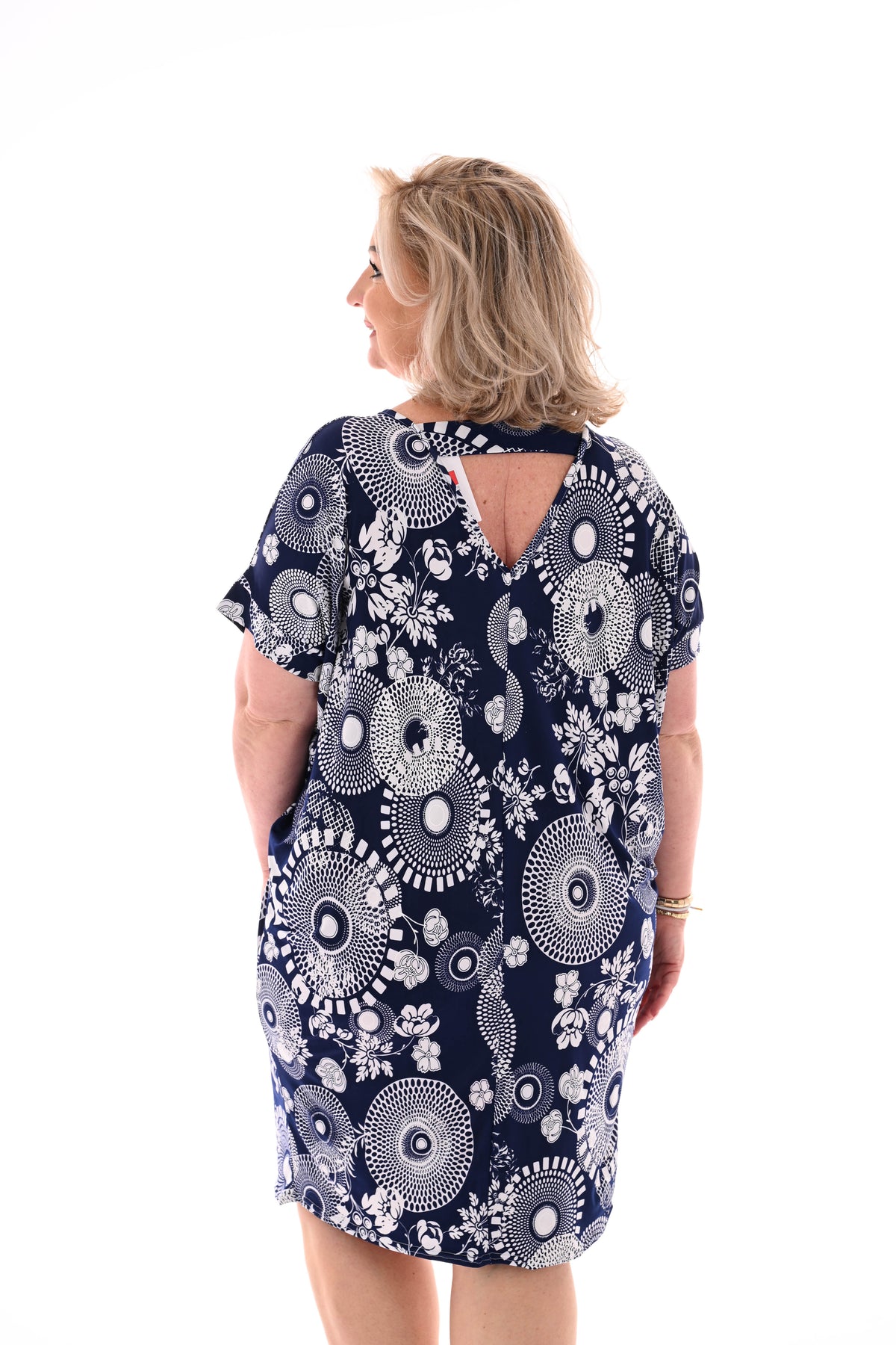 Tuniek v-rug print cirkels/bloemen donkerblauw