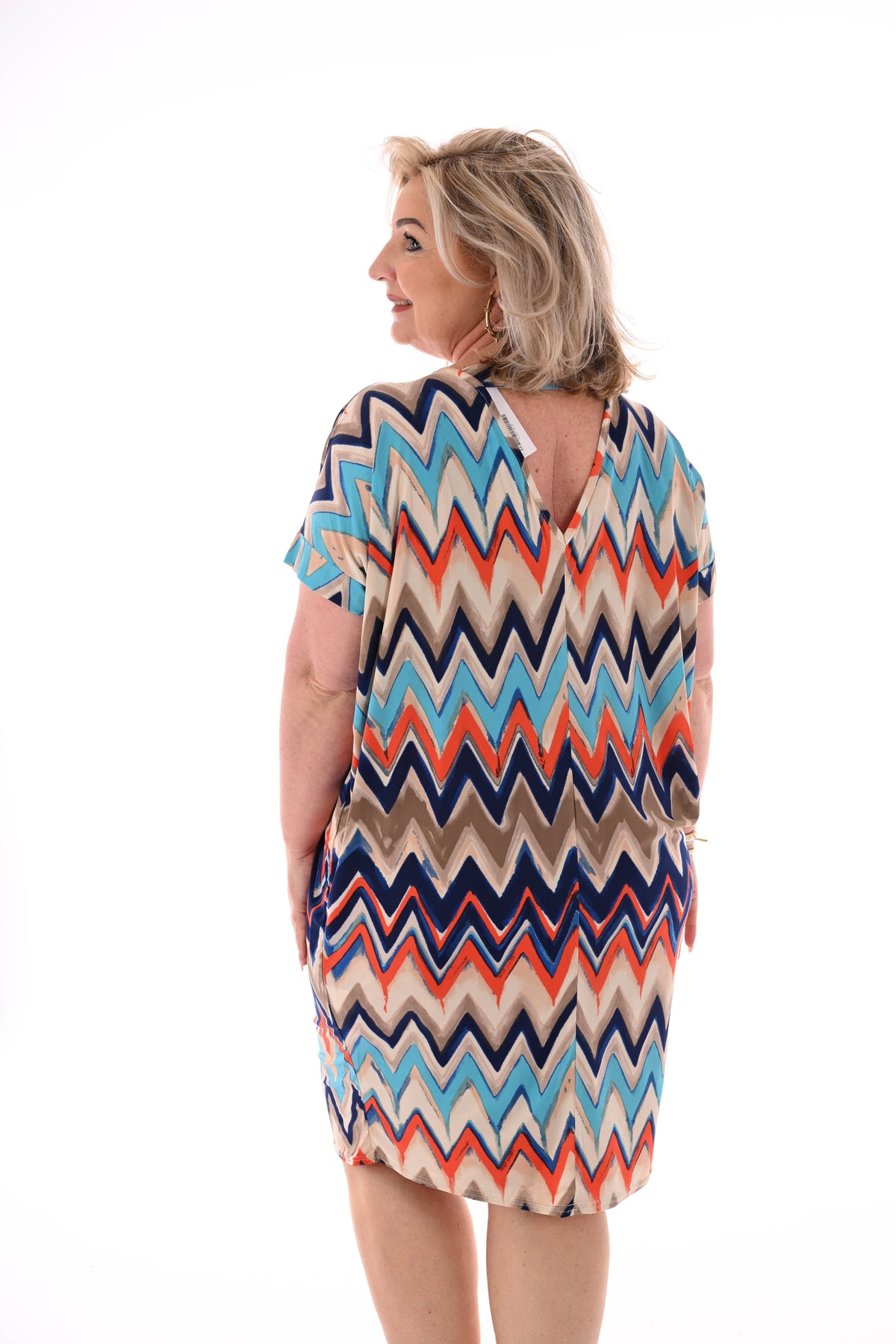Tuniek v-rug print zigzag beige/oranje