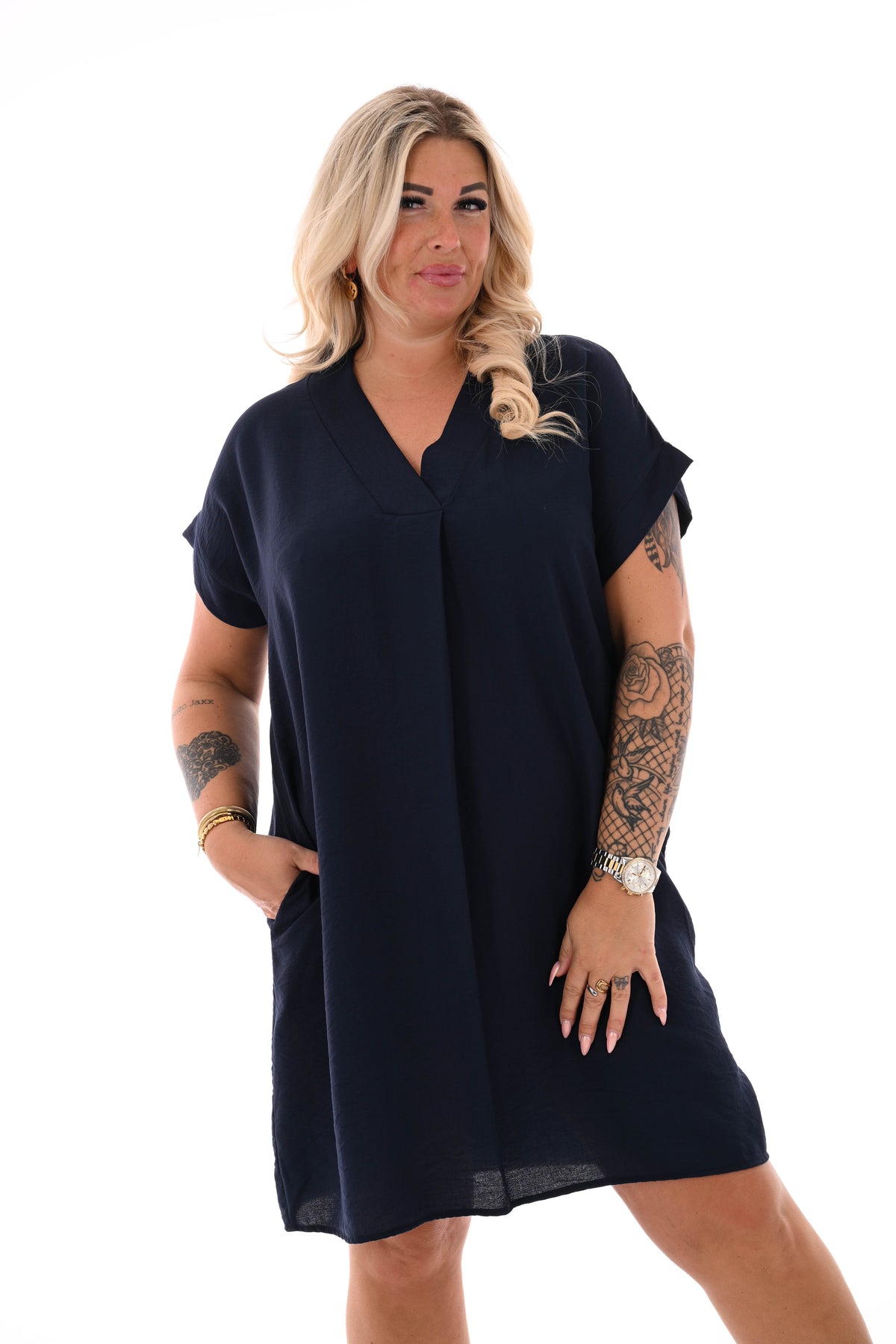Korte jurk v-hals met zakken marineblauw