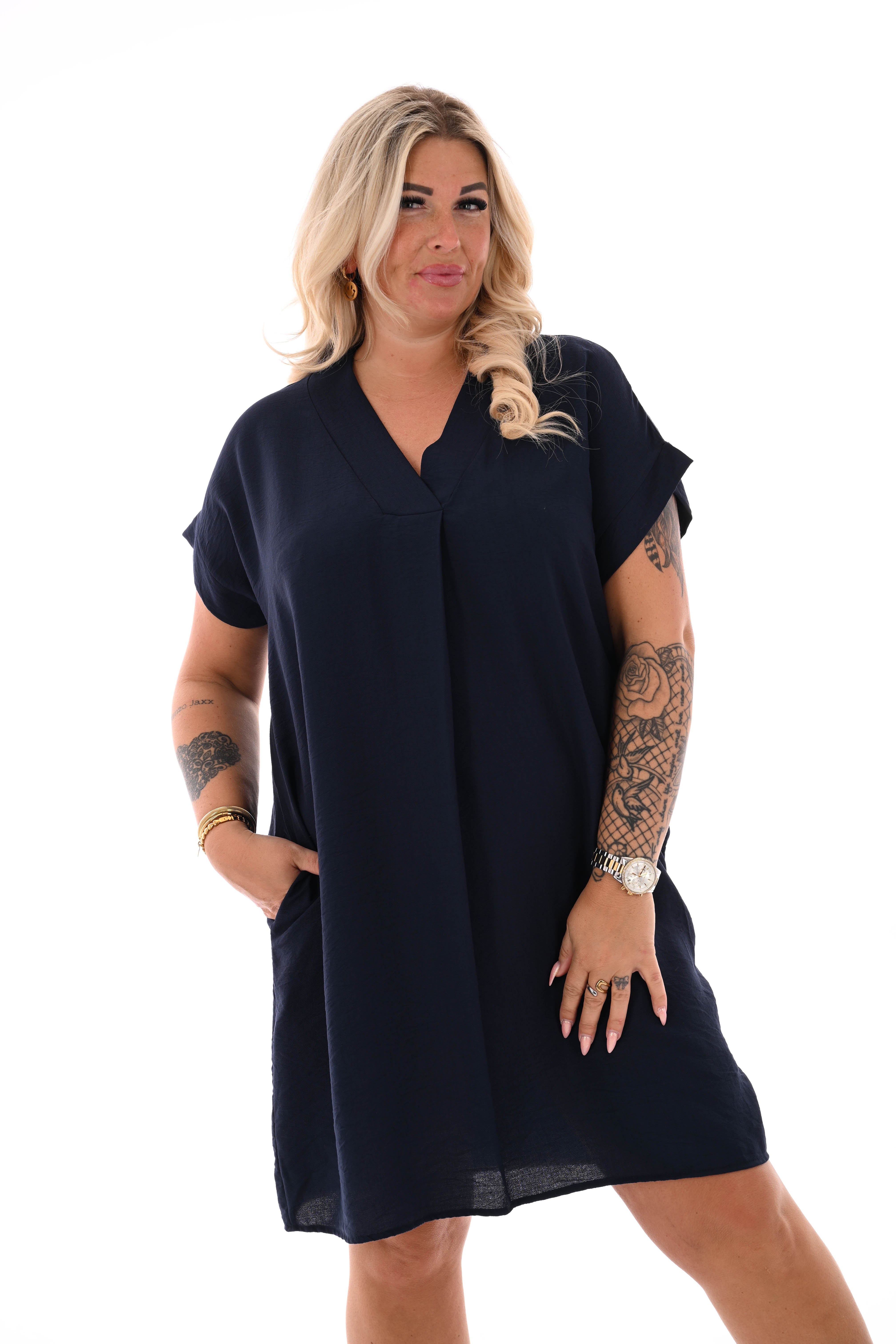 Korte jurk v-hals met zakken marineblauw