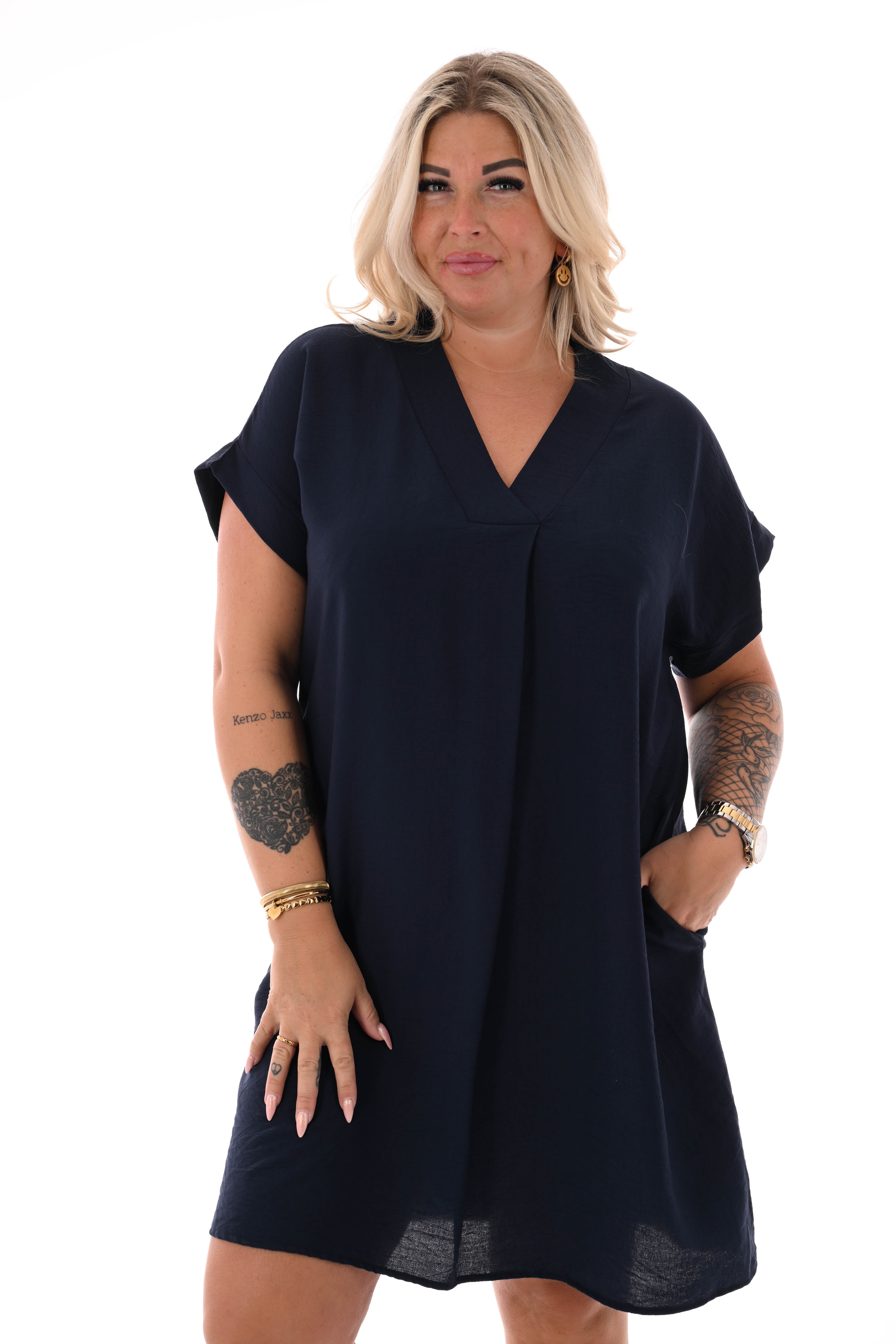 Korte jurk v-hals met zakken marineblauw