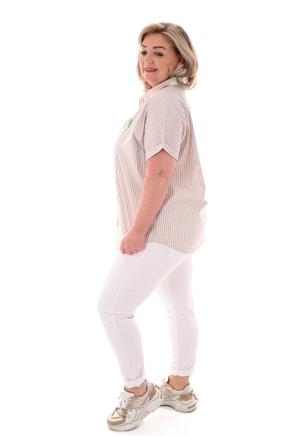 Blouse streepjes korte mouwen Martini beige