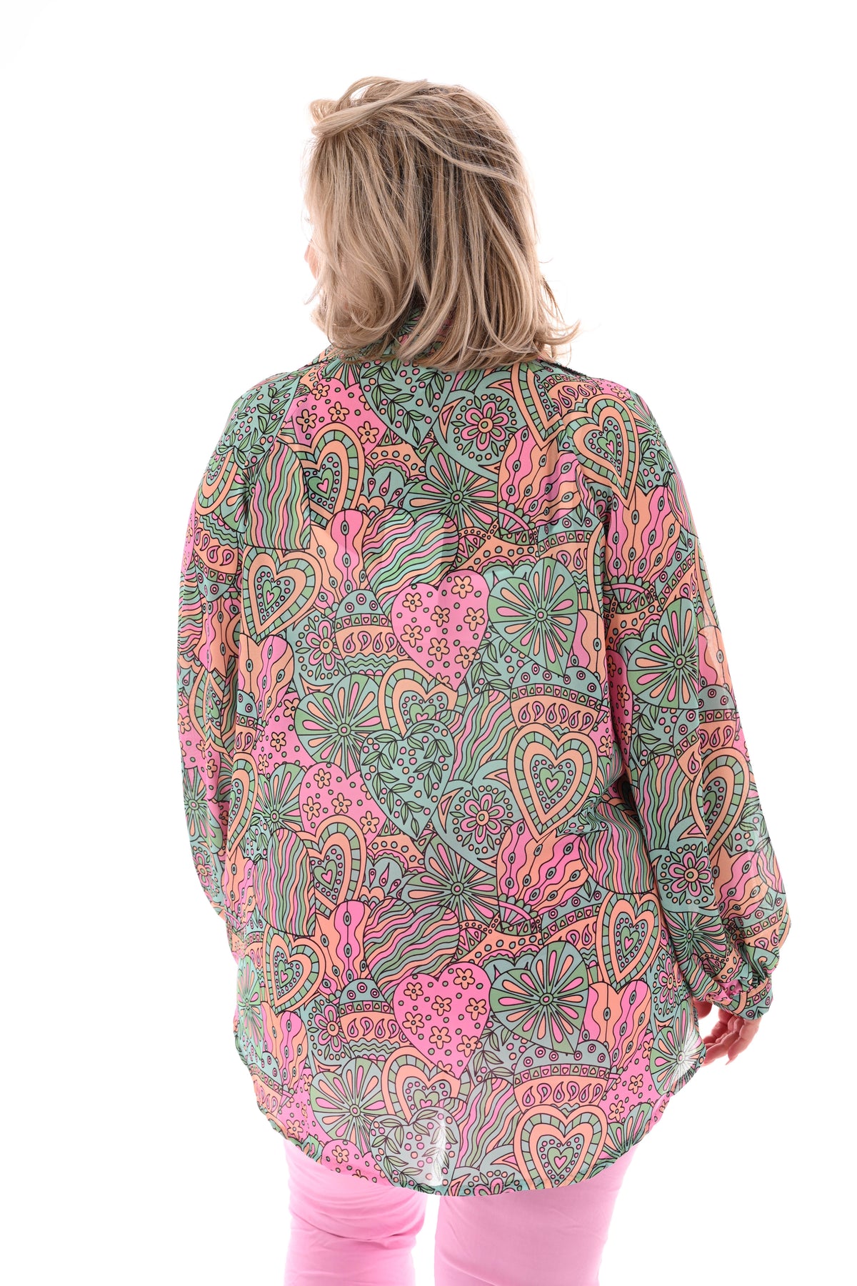 Blouse v-hals mixed print turquoise/peach
