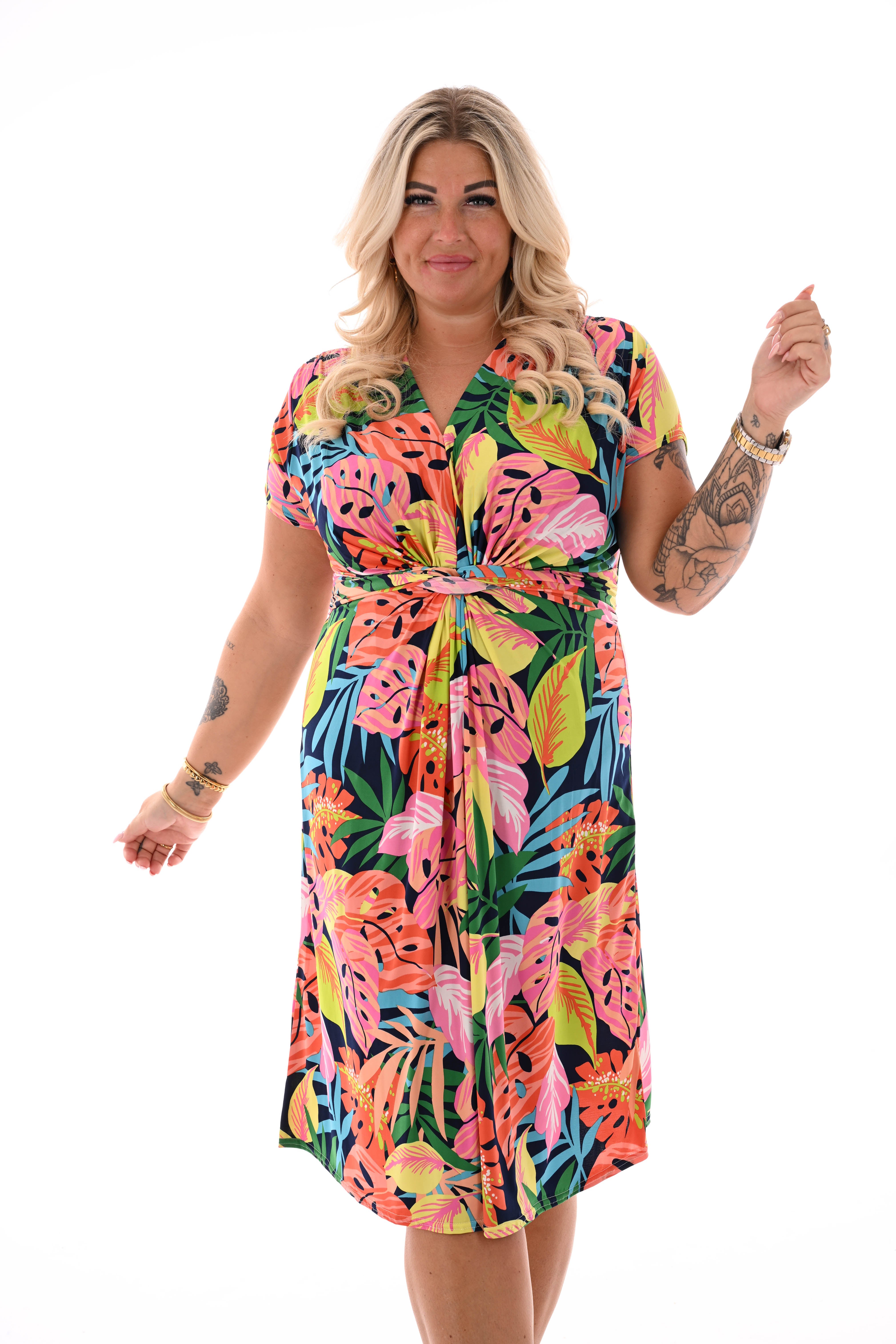 Midi jurk met knoopdetail print bladeren marineblauw/roze