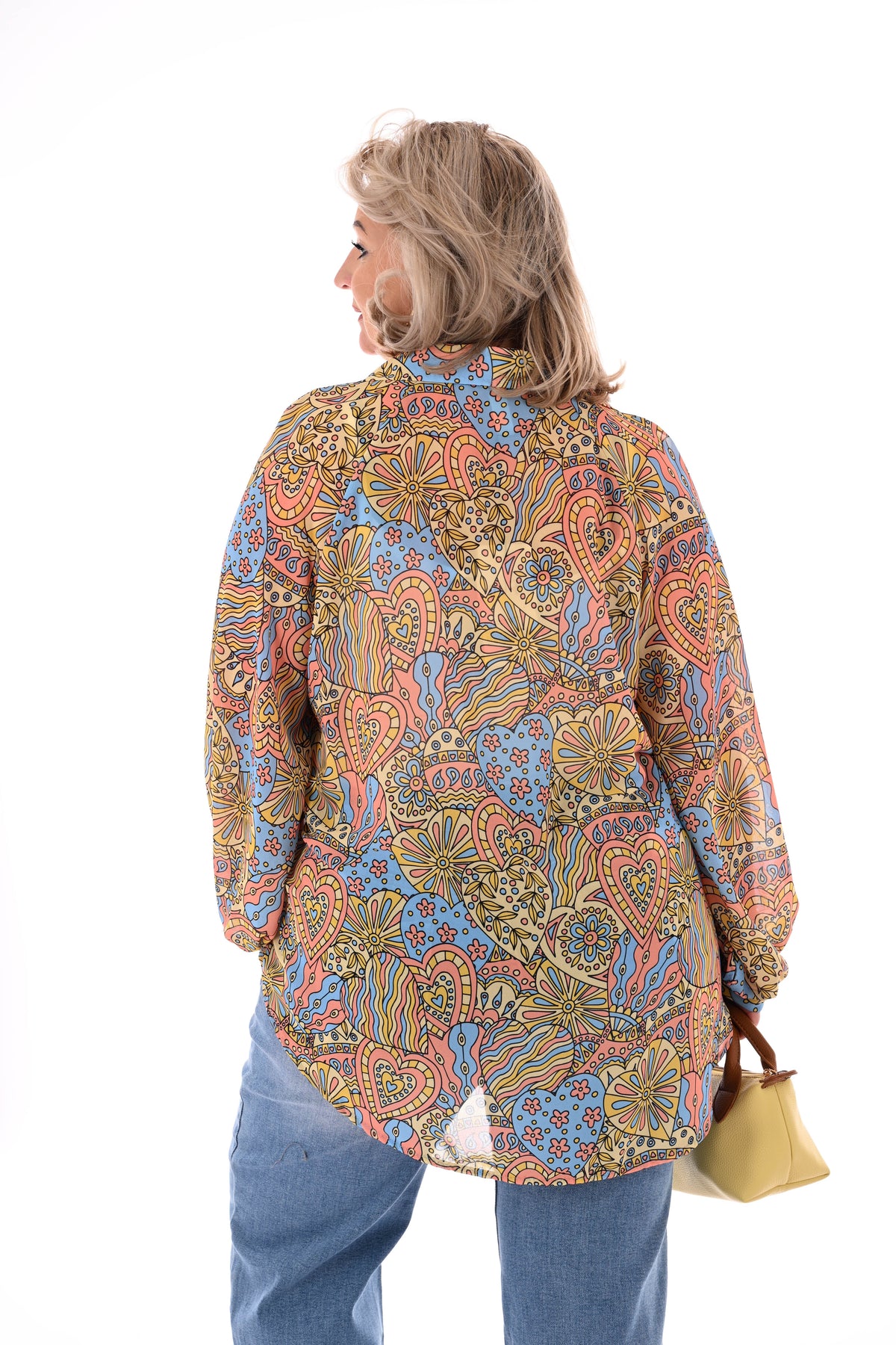 Blouse v-hals mixed print lichtgeel/lichtblauw