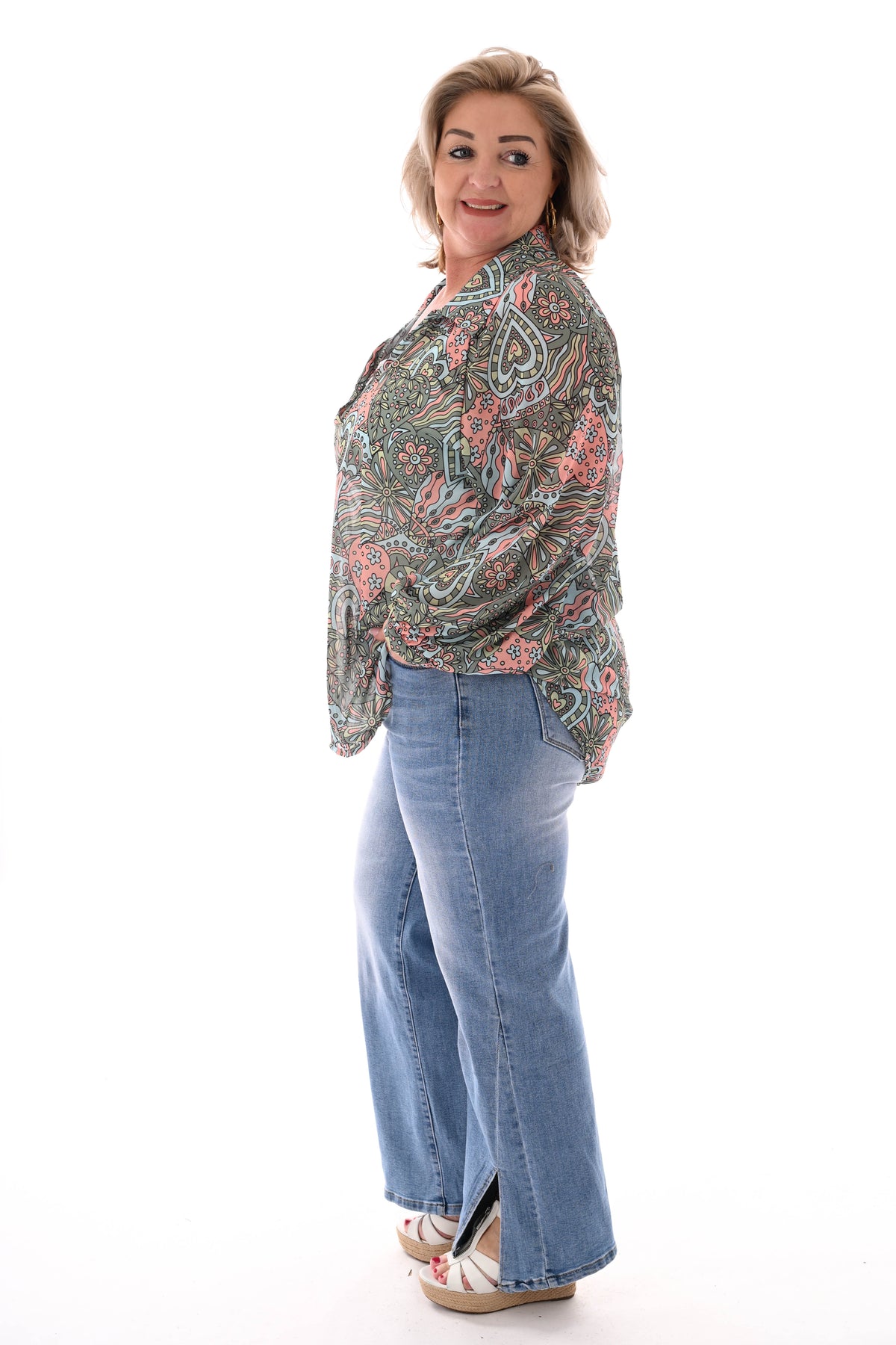 Blouse v-hals mixed print groen/zalm