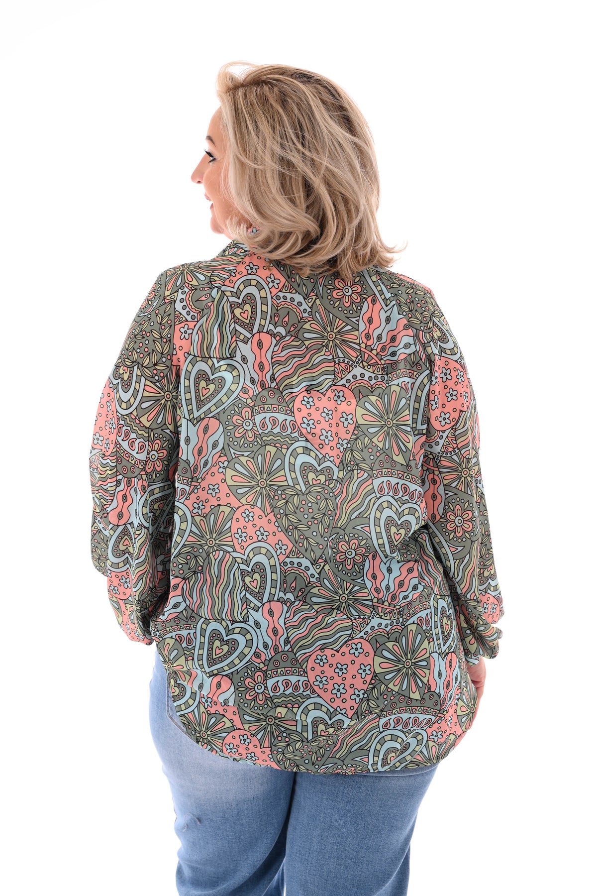 Blouse v-hals mixed print groen/zalm