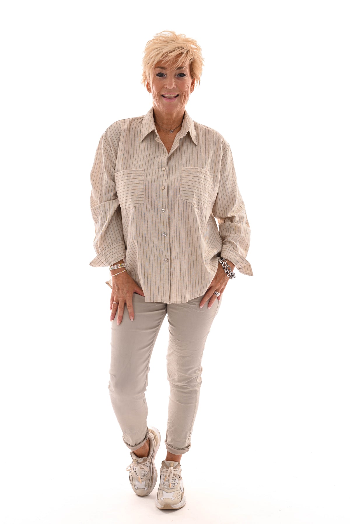 Katoenen blouse strepen lurex beige