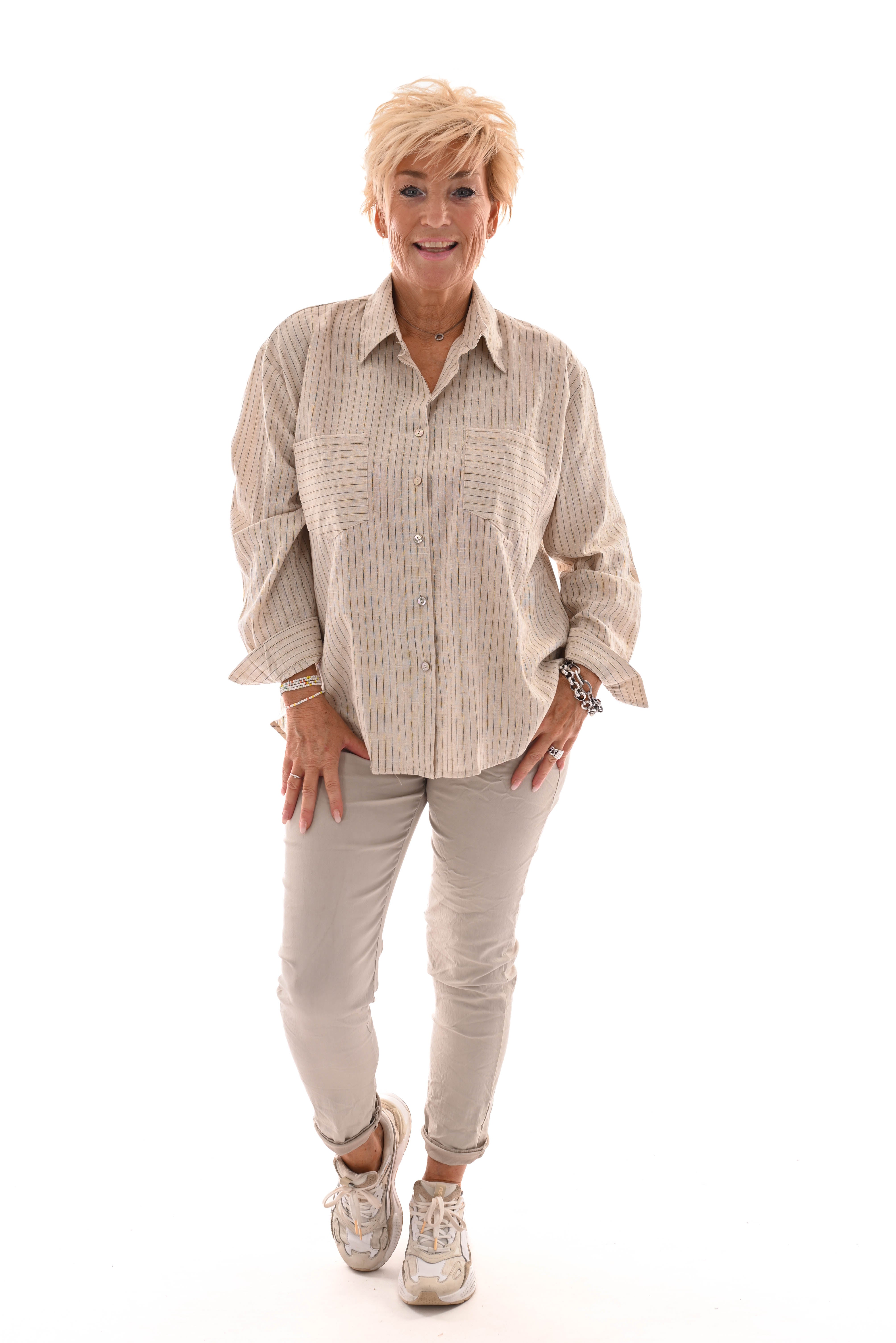 Katoenen blouse strepen lurex beige