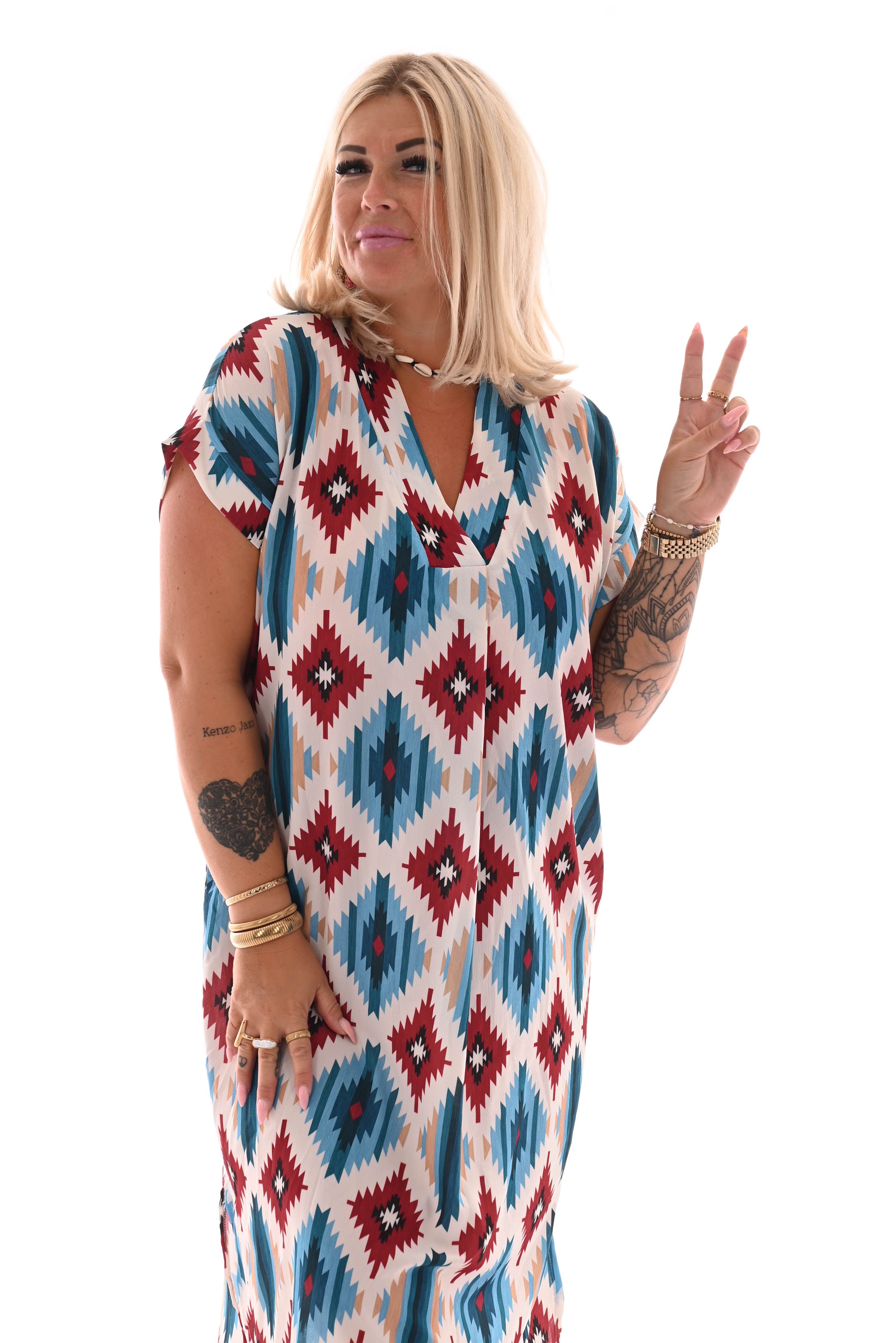 Tuniek v-hals aztec ruit wit/blauw