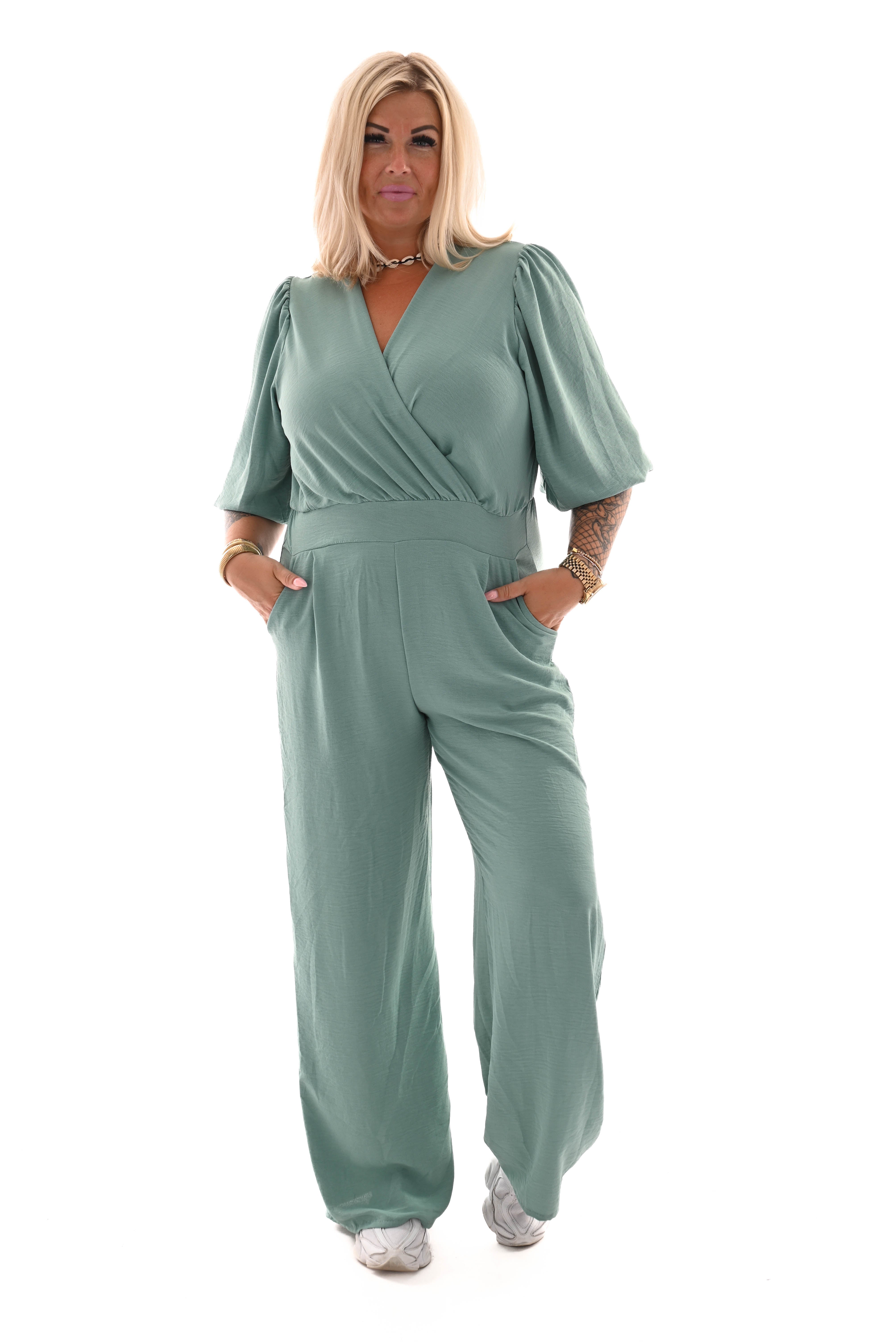 Jumpsuit overslag uni turquoise