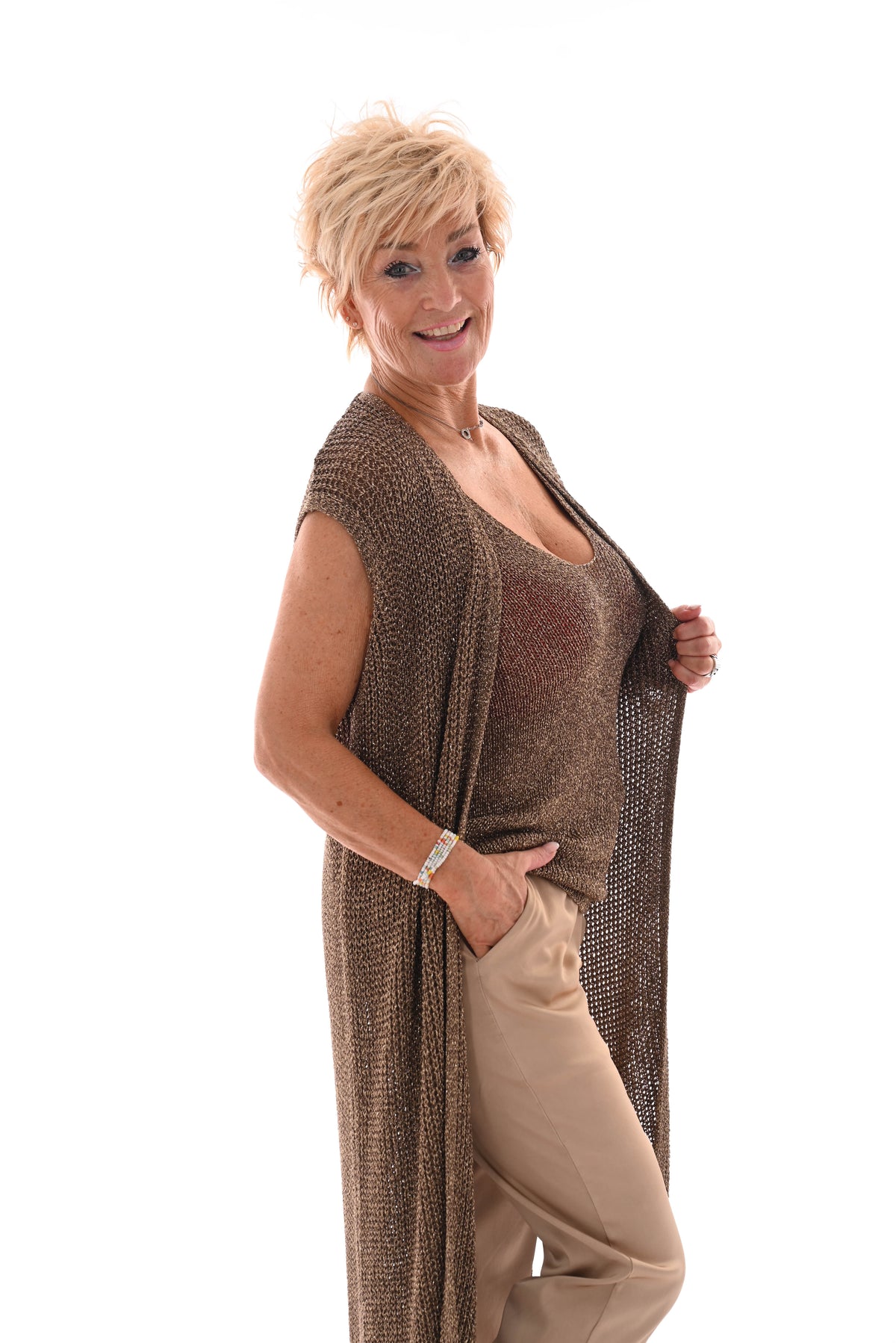 Lang gehaakt vest lurex mouwloos goud