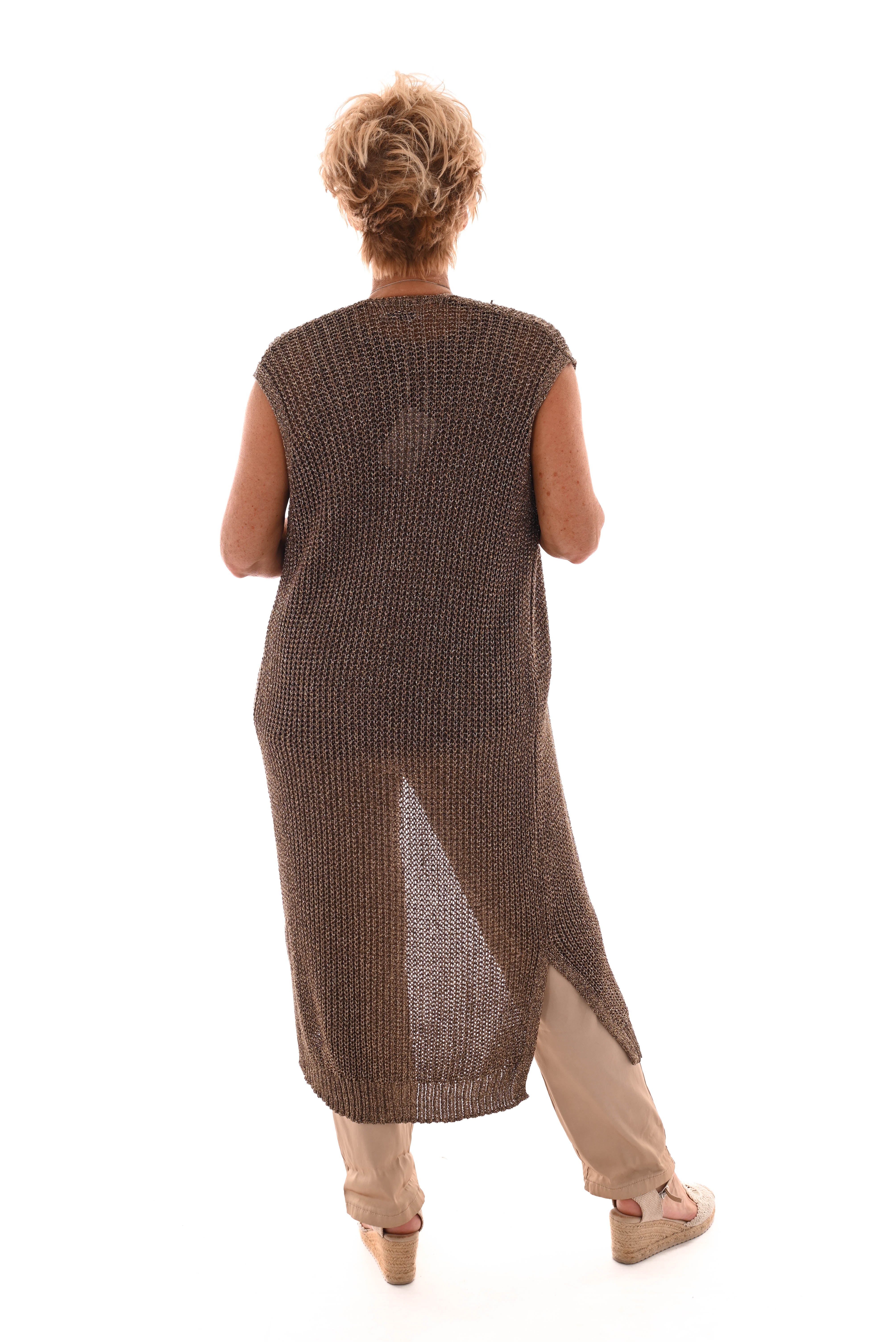 Lang gehaakt vest lurex mouwloos goud