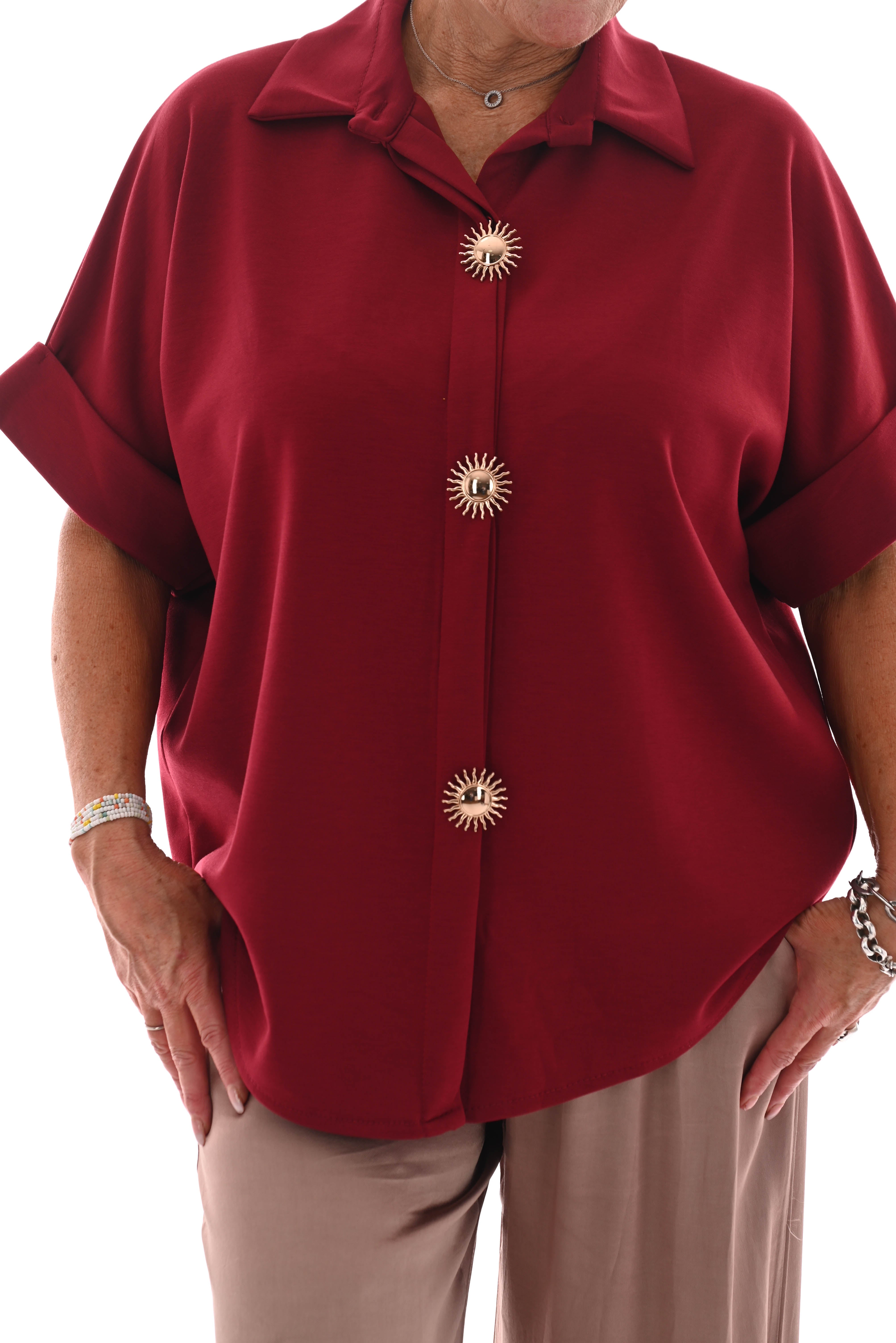 Jogging doorknoop blouse broche zon rood