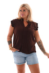 Top v-hals korte plisse mouwen bruin