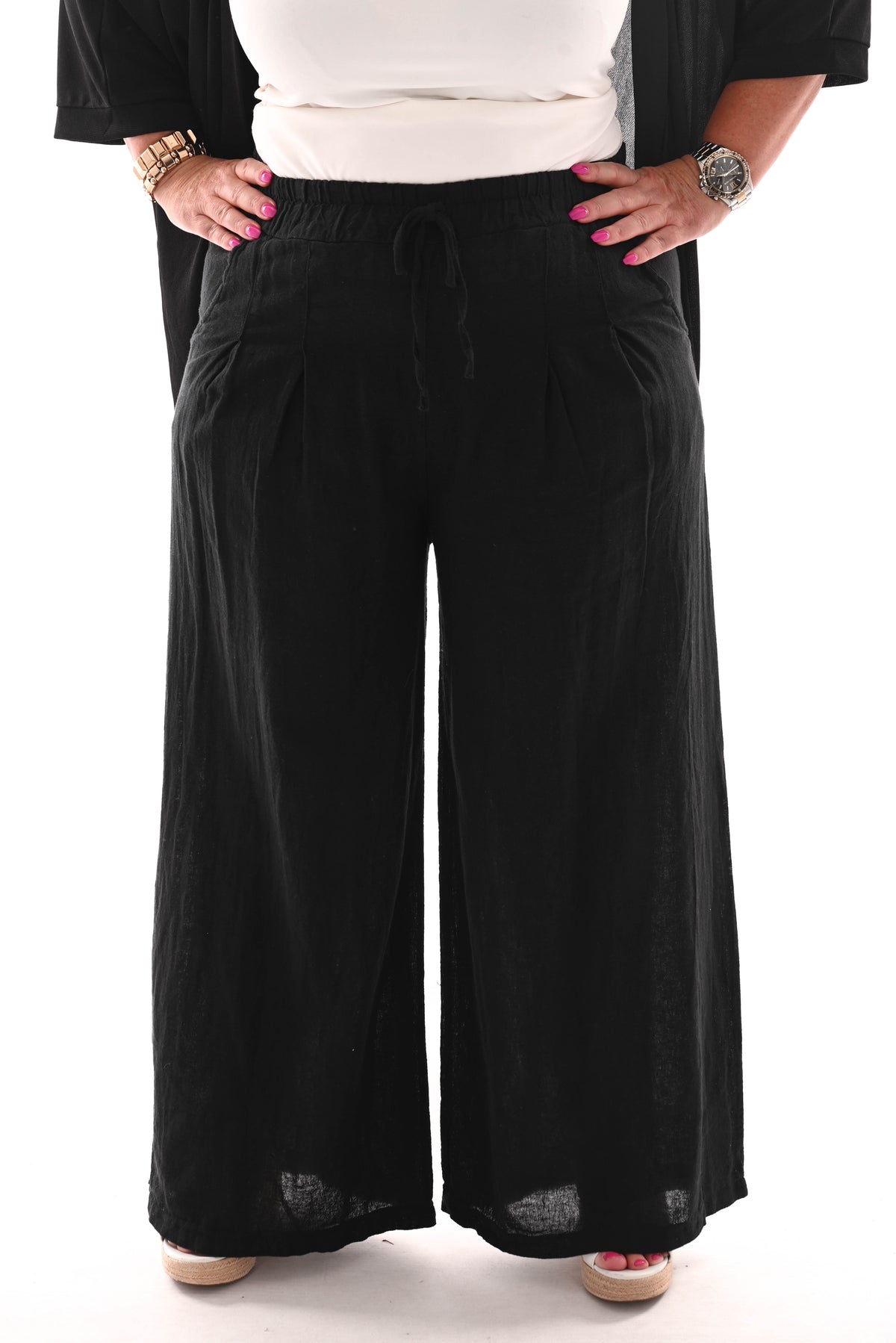 Wijde broek linnen gemeleerd zwart