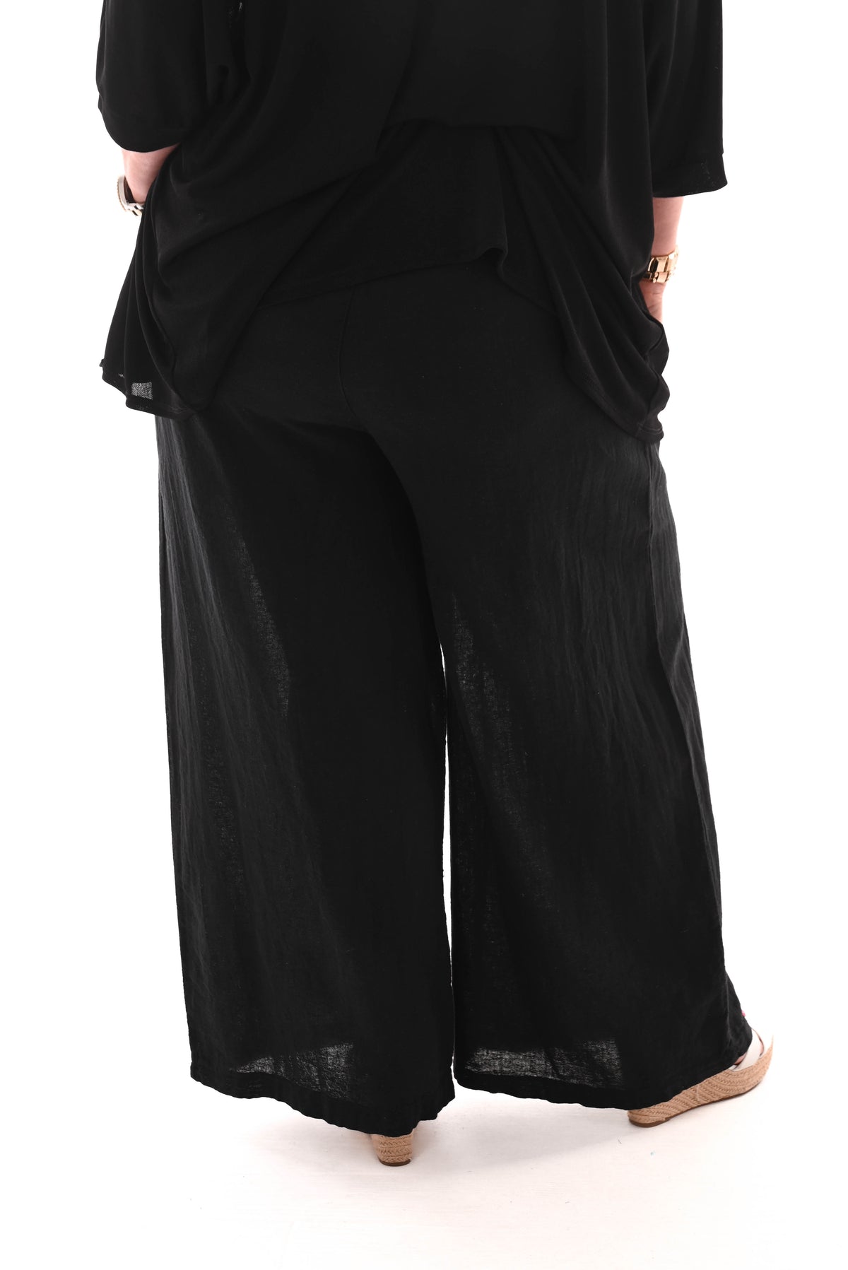 Wijde broek linnen gemeleerd zwart